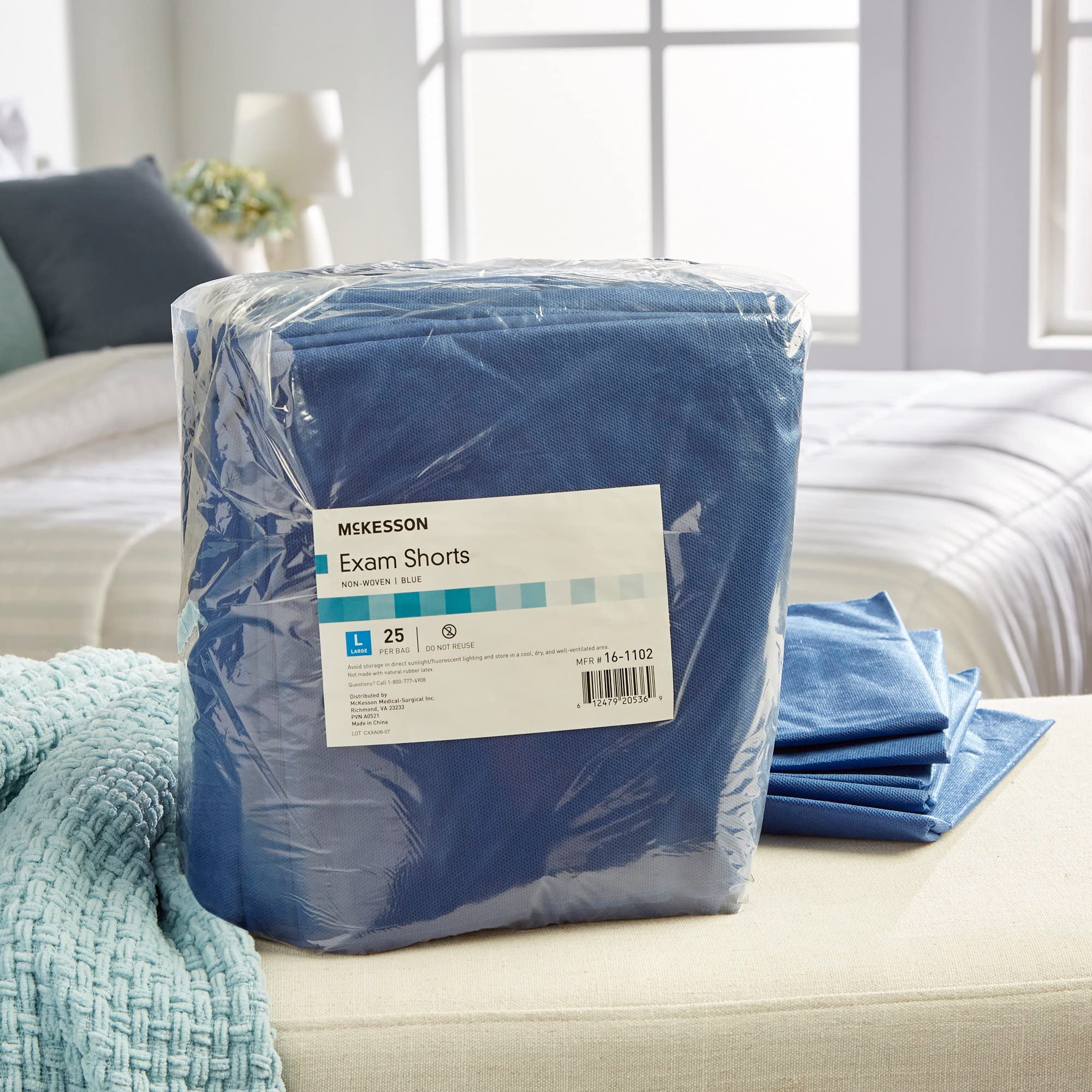 McKesson Disposable Patient Exam Shorts - Non-Woven Blue Medical Shorts with Elastic Waistband (Size Large, 100 Count) - Perfect for Hospitals, Clinics & Medical Checkups