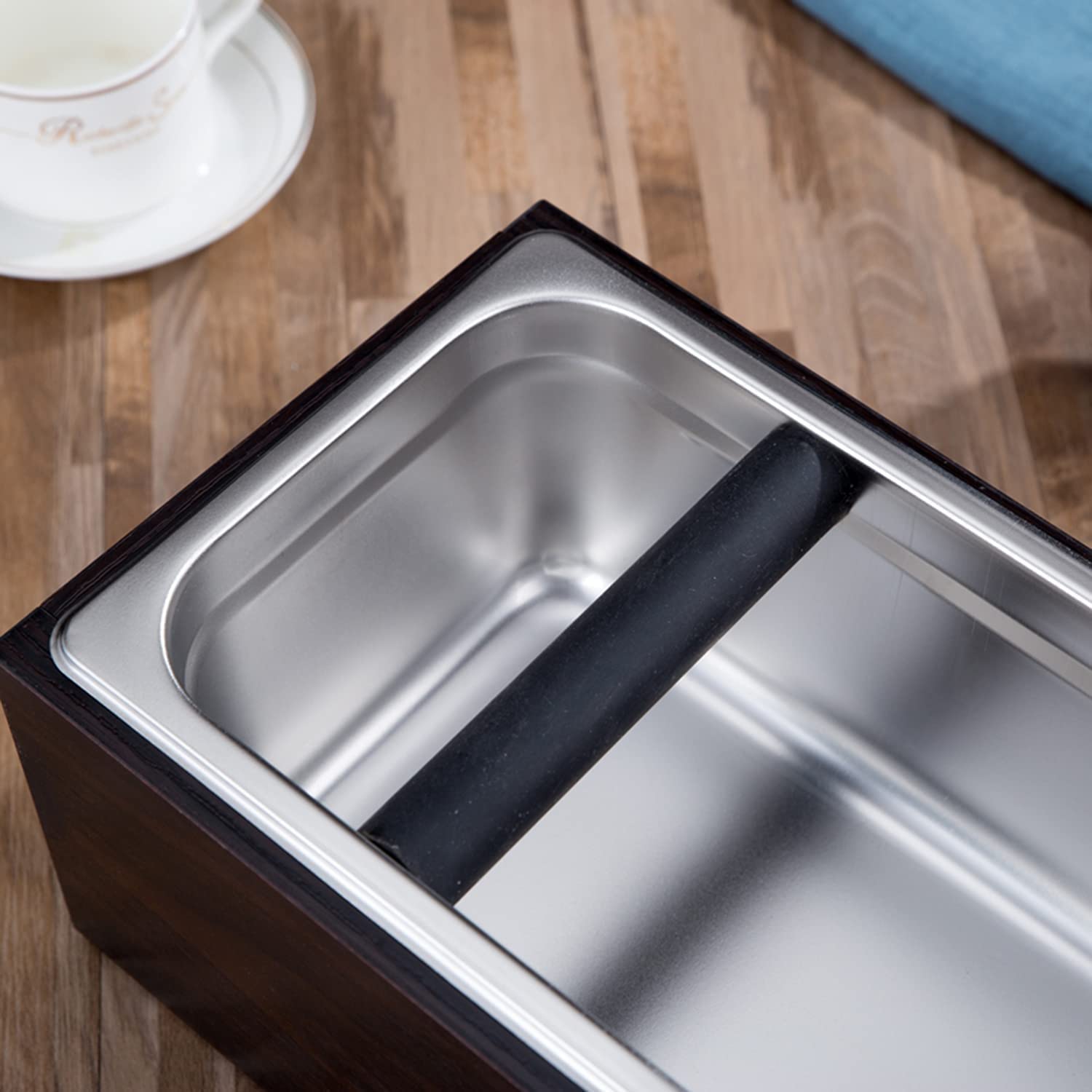 Stainless Steel Coffee Knock Box with Wood Base - Barista Grounds Container, Coffee Residue Bin & Grind Waste Bucket for Espresso Machine Accessories - Perfect for Home & Commercial Coffee Stations