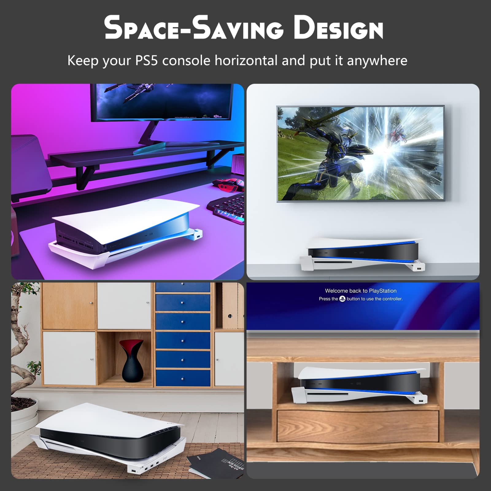 ECHZOVE PS5 Horizontal Stand with 4 USB Ports, Fast Charging & Data Transfer - Compatible with PlayStation 5 Disc & Digital Editions (Not for PS5 Slim/Pro) - Perfect for Gaming Setup & Console Organization