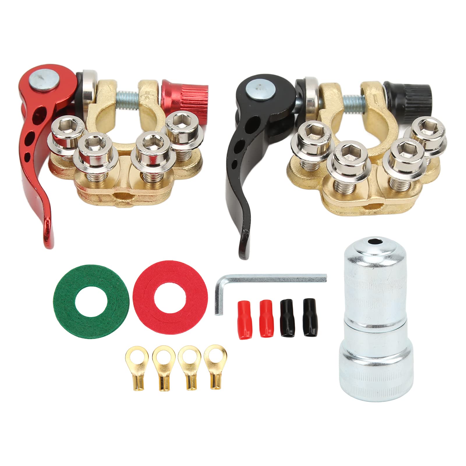 4-Way Battery Terminal Connector Kit - Positive/Negative Brass Terminals with High Conductivity for SAE & JIS Type A Posts - Perfect for Car, Boat, RV & Marine Electrical Systems