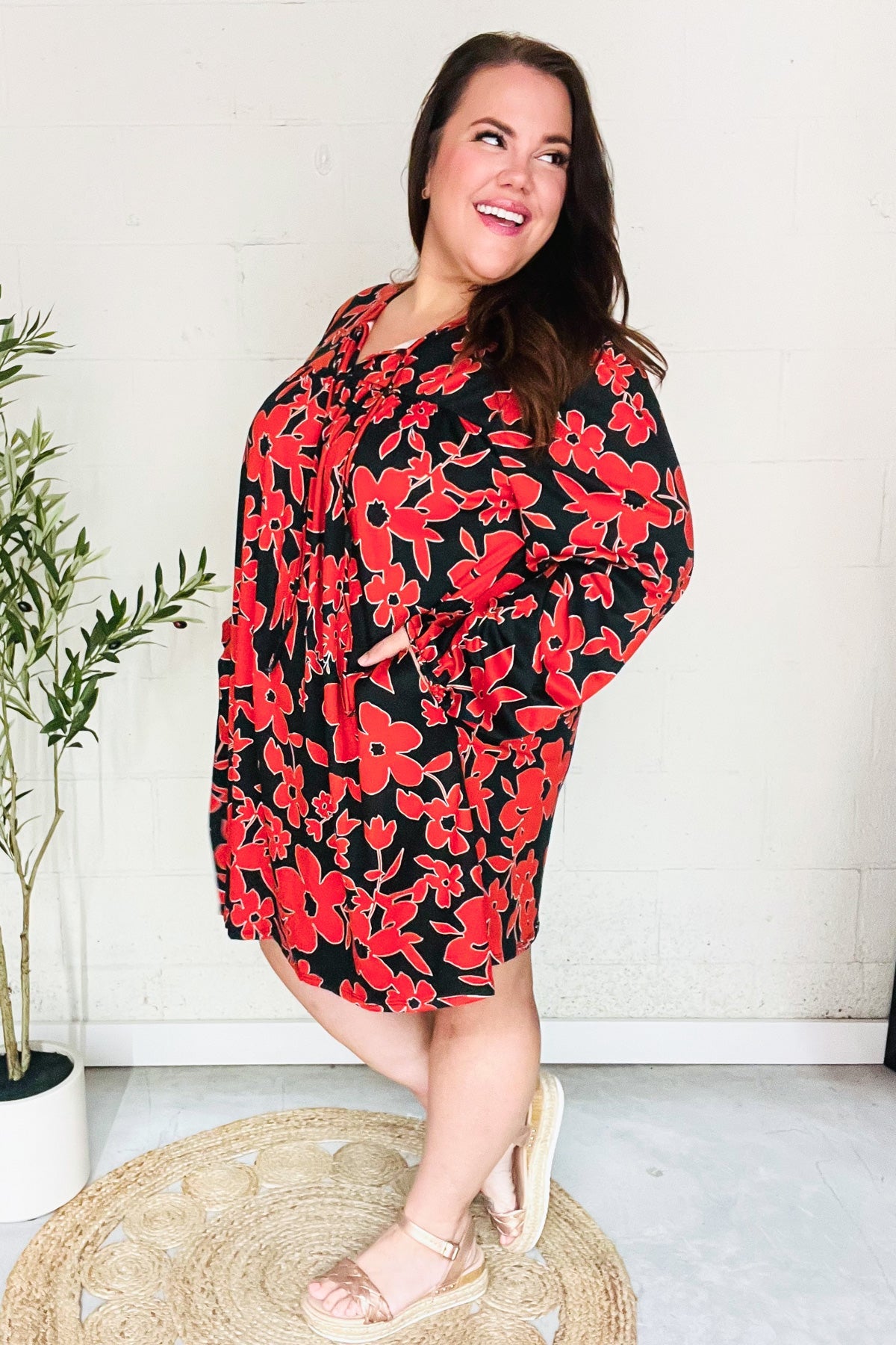 Boldly You Rust & Black Floral Print Front Tie Dress - Elegant Women's Midi Dress for Parties, Dates & Special Occasions