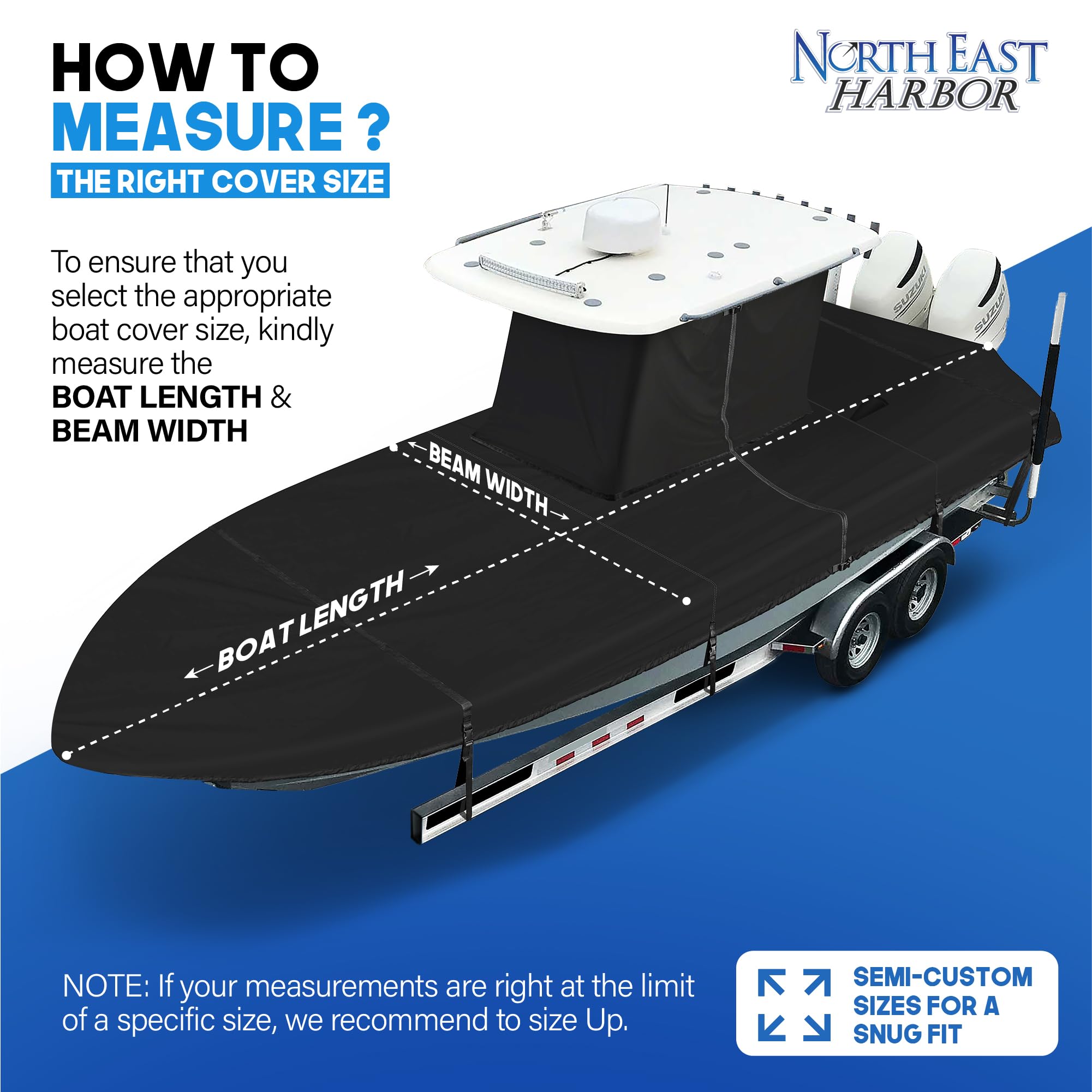 NEH T-Top Boat Cover 17-19ft - Heavy Duty Waterproof Marine Fabric, UV Fade & Rip Resistant, Trailerable Hard Top Center Console Protection - Perfect for Saltwater Fishing & Coastal Boating (Black)