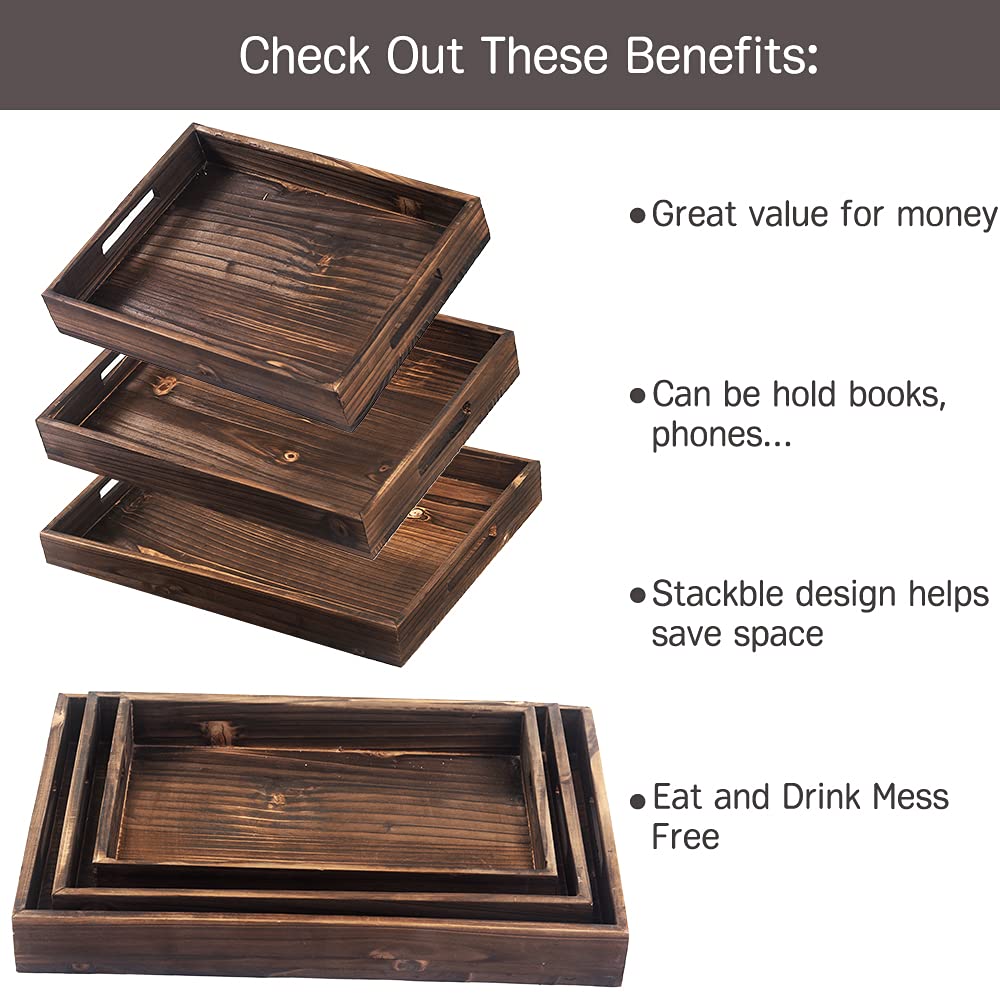 Rustic Wooden Serving Tray Set of 3 - Handled Nesting Trays for Coffee, Food & Drinks | Ottoman Tray, Decorative Platter for Dining, Living Room & Bedroom Use | Brown Retro Style Wood Trays