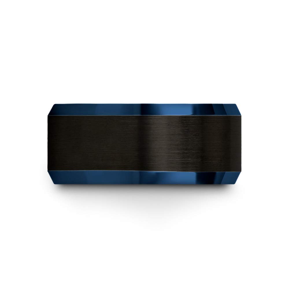 10mm Tungsten Carbide Wedding Band Ring for Men & Women - Blue Black Gunmetal with Blue Beveled Edge, Brushed/Polished Finish, Custom Engraving - Perfect for Anniversary, Engagement & Everyday Wear