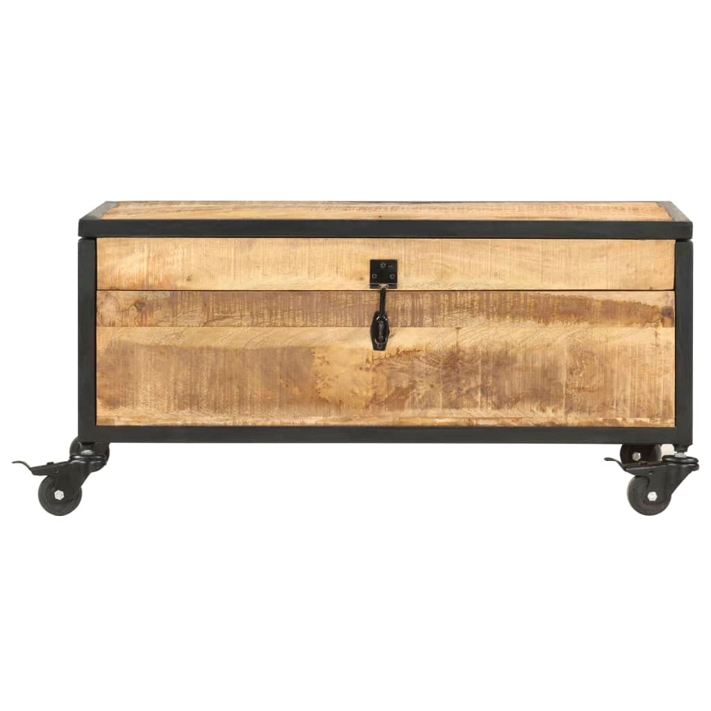 Solid Mango Wood Coffee Table with Wheels - Rectangular Brown Rustic Living Room Furniture - Large Storage Space, Easy Assembly & Durable Design for Home, Office or Outdoor Use