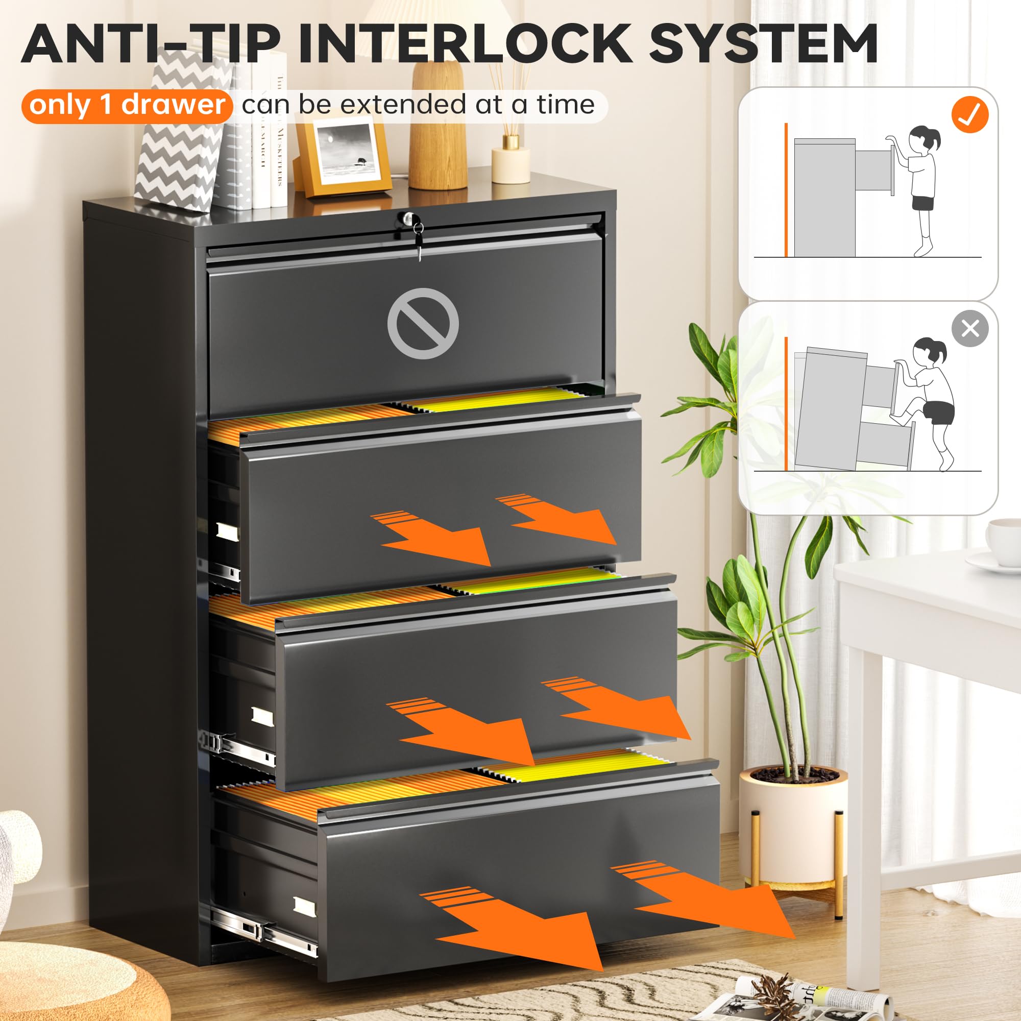 INTERGREAT 4-Drawer Metal Lateral File Cabinet - Locking Horizontal Filing Cabinet for Home Office, Letter/Legal/F4/A4 Hanging Files, Black (28