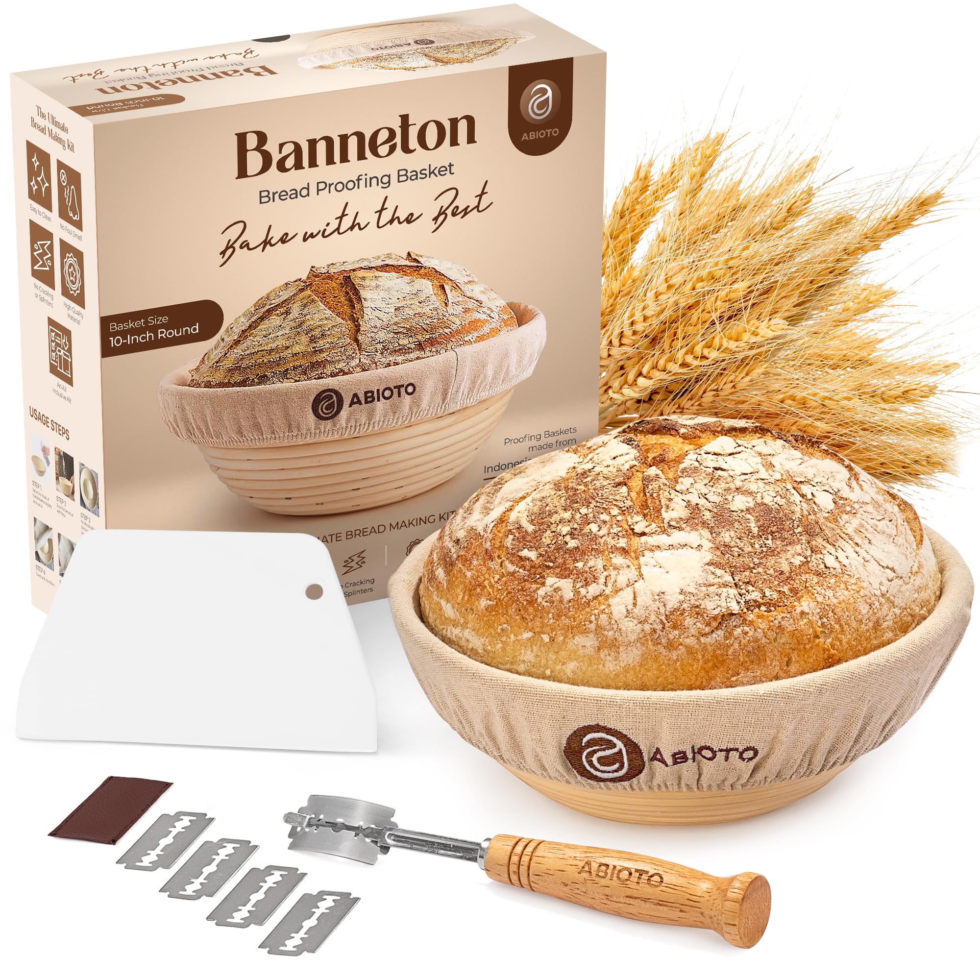 10-Inch Banneton Bread Proofing Basket Set with Lame, Dough Scraper & Linen Liner - Odor-Free Rattan Brotform for Sourdough, Artisan Bread Baking - Perfect for Home Bakers & Professional Bakeries