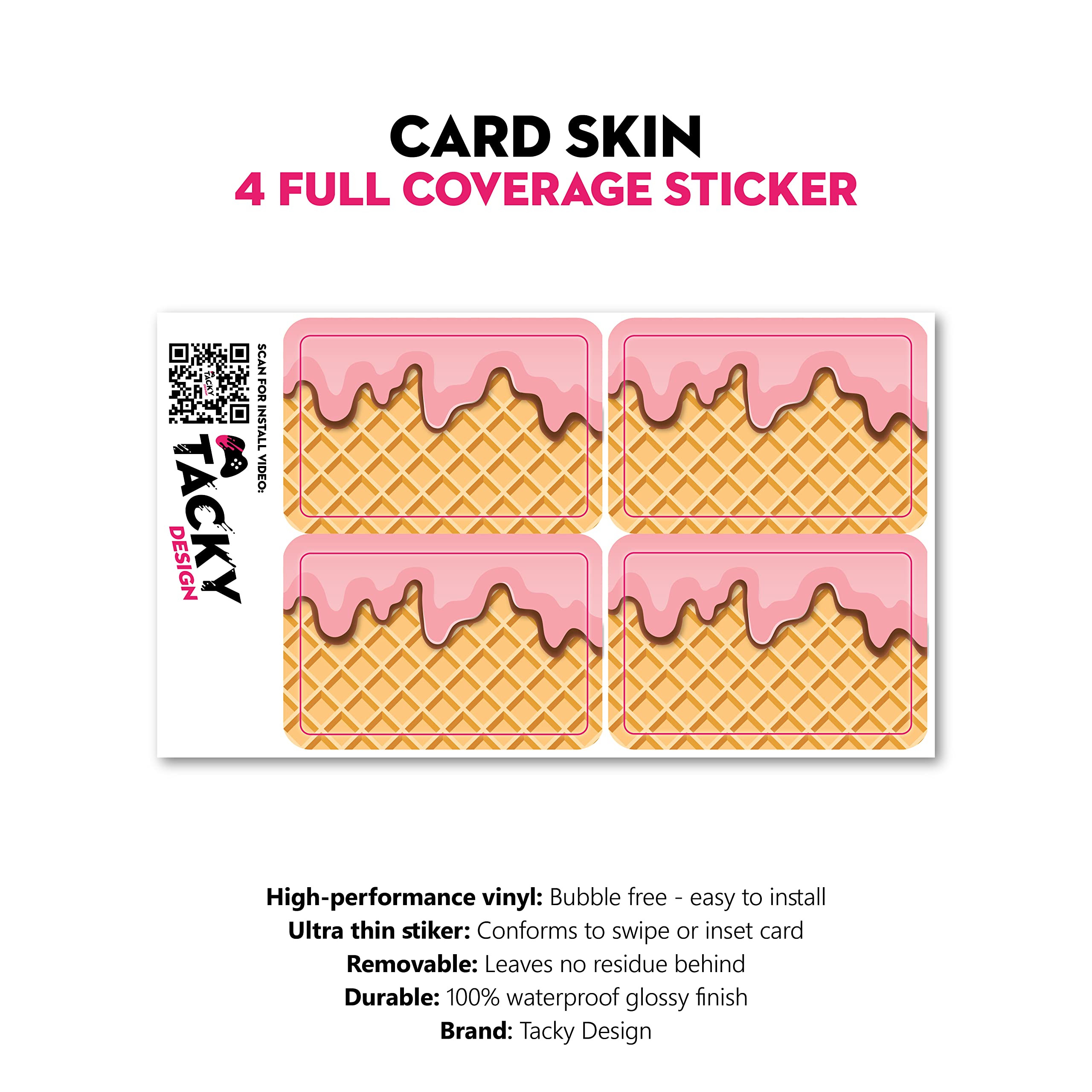 4pcs Kawaii Waffle Ice Cream Credit Card Skins - Premium 3M Vinyl Waterproof Stickers for Debit Cards | Bubble-Free Application | Cute Wallet Accessories for Girls & Teens