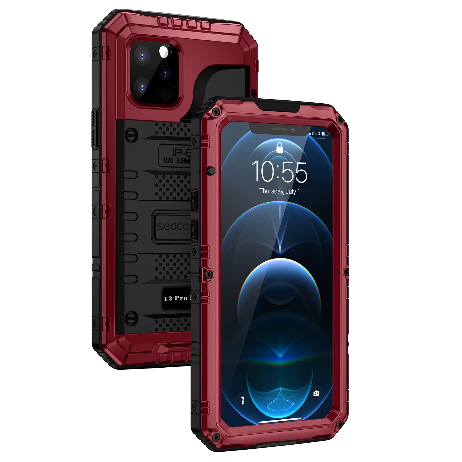 Seacosmo iPhone 12 Pro Max Case (6.7 Inch) - IP68 Waterproof Shockproof Dustproof Heavy Duty Protective Cover with Built-in Screen Protector | Full Body Metal Design in Red | Perfect for Outdoor Adventures, Construction Work & Extreme Sports