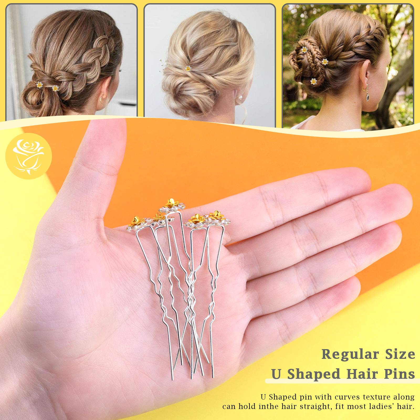 Rustark 40 Pcs Gold Crystal Hair Pins - Rose Flower Rhinestone U-Shaped Bobby Pins & Bun Hair Clips for Women - Wedding Bridal Hair Accessories Set with Storage Case - Perfect for Parties, Prom, and Special Occasions