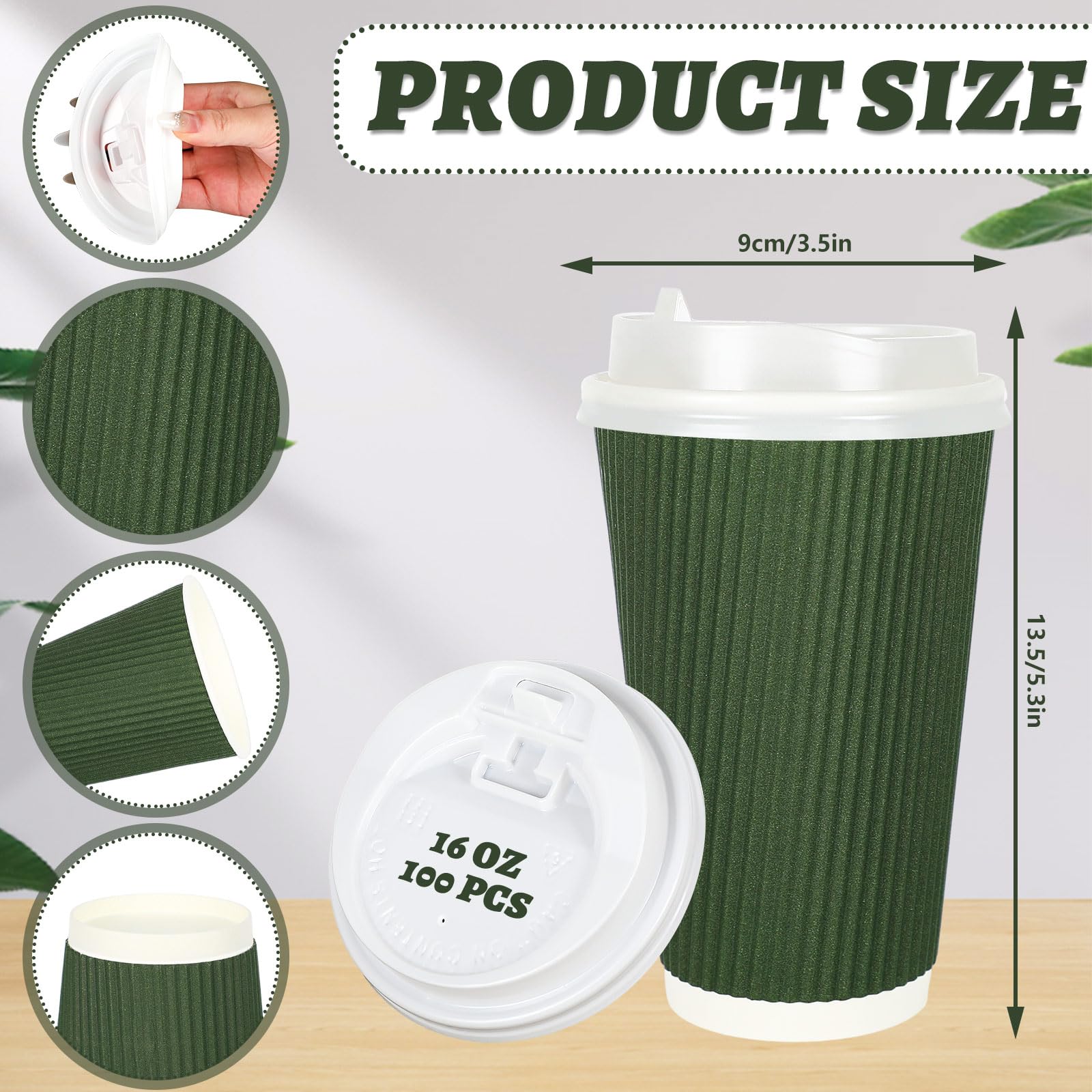 100Pcs Sage Green Disposable Coffee Cups with Lids - Gradient Green Paper Cups with Corrugated Ripple Wall - Insulated Hot Cups for Coffee, Tea & Hot Beverages - Perfect for Home, Office, Parties & Cafes
