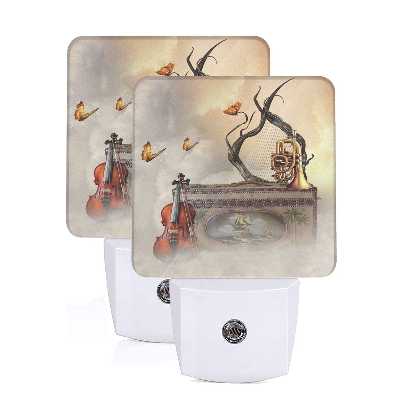 2-Piece Vintage Butterfly Violin LED Night Light with Auto Dusk-to-Dawn Sensor - Plug-in Decorative Bedside Lamp for Kids & Adults Rooms - Perfect for Nursery, Bedroom, Hallway & Gift Giving