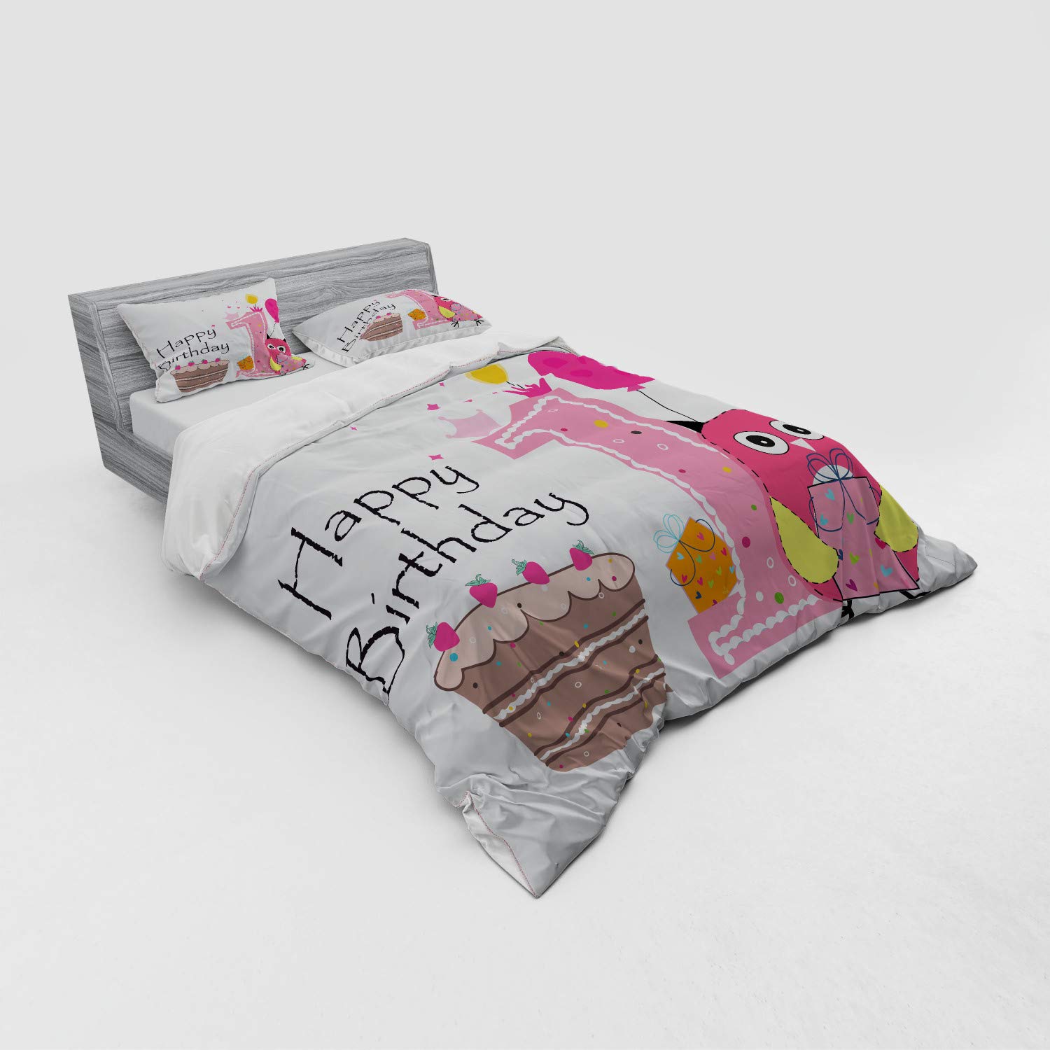 Ambesonne 1st Birthday Duvet Cover Set - Cartoon Owl Design with Cake & Candles, 4-Piece Queen Size Bedding Set (Shams + Fitted Sheet) in Brown, Hot Pink & Pink | Perfect for Baby's First Birthday Party & Nursery Decor
