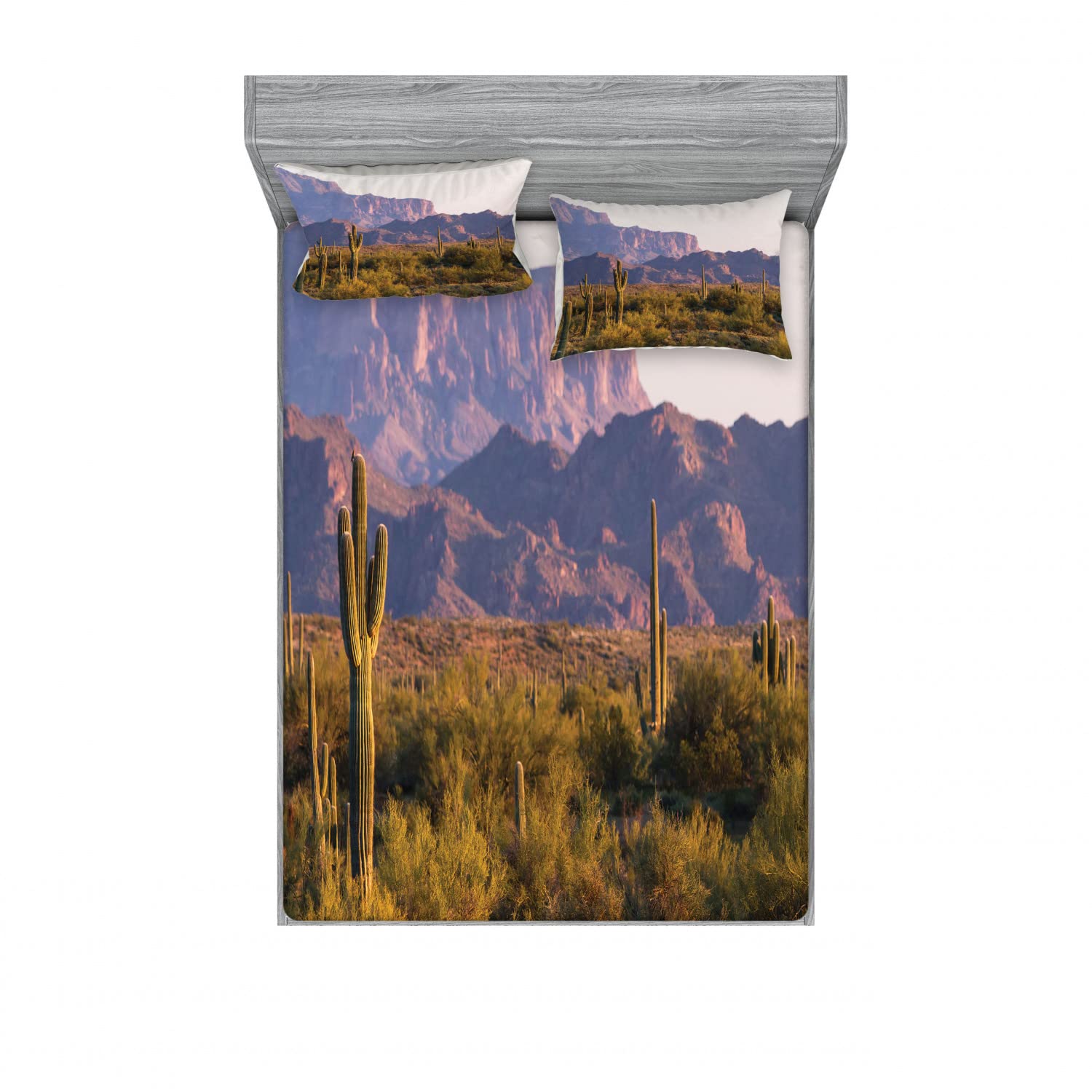 Ambesonne 4-Piece King Size Bedding Set - 2 Fitted Sheets & 4 Pillow Shams with Cactus Mountain Spring Landscape Design in Brown & Green | Perfect for Desert Themed Bedrooms, Guest Rooms & Vacation Homes