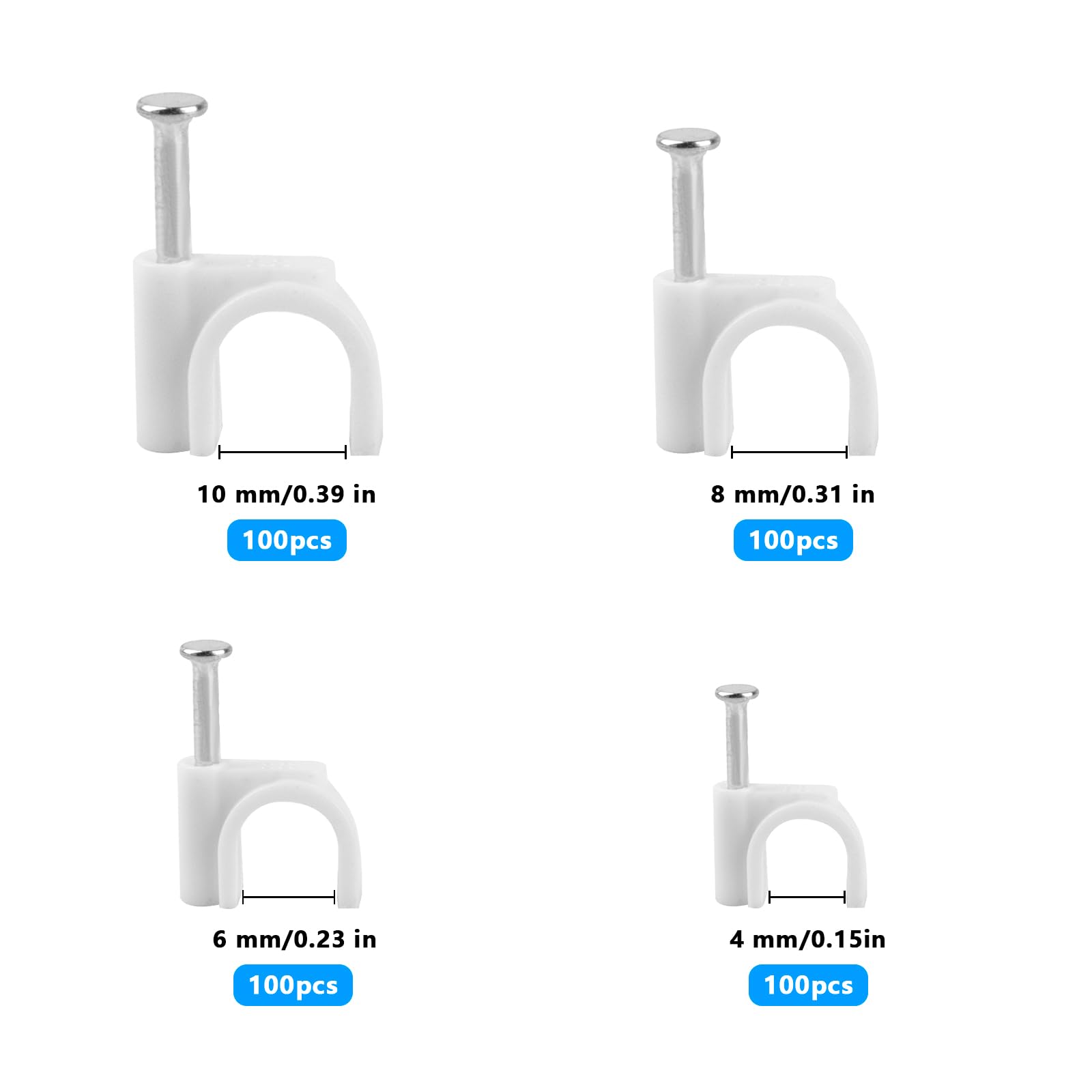 400pcs Cable Clips with Nails, Wall Cable Organizer, Round Cable Clamps for 4mm/6mm/8mm/10mm Wires - Perfect for Home Office, TV, Computer & Router Cable Management
