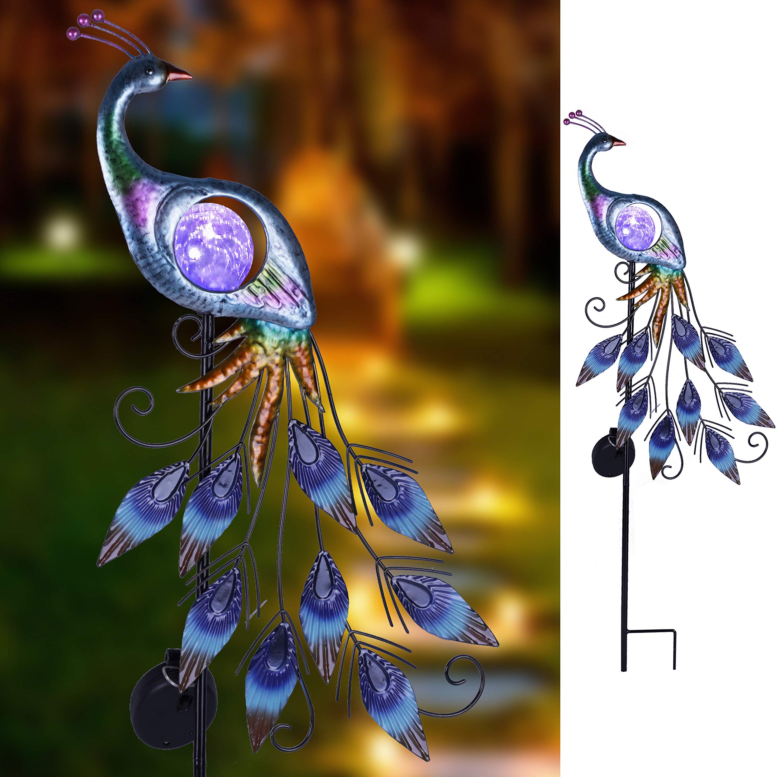 TERESA'S COLLECTIONS 31.5 Inch Solar Peacock Stake Lights & 35 Inch Metal Peacock Garden Statue - Outdoor Decor for Patio, Lawn & Yard | Elegant Solar-Powered Lighting & Decorative Metal Sculpture for Garden Landscaping