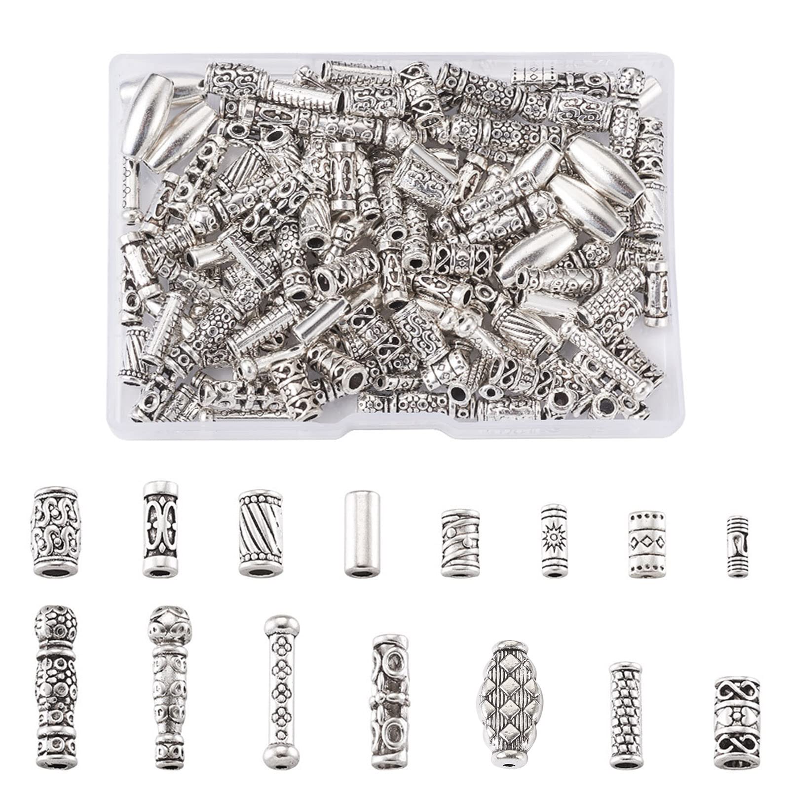 KISSITTY 150pcs Antique Silver Tibetan Spacer Tube Beads - 15 Style Alloy Metal Charms for DIY Bracelet Necklace Jewelry Making - Perfect for Boho, Handmade & Craft Projects