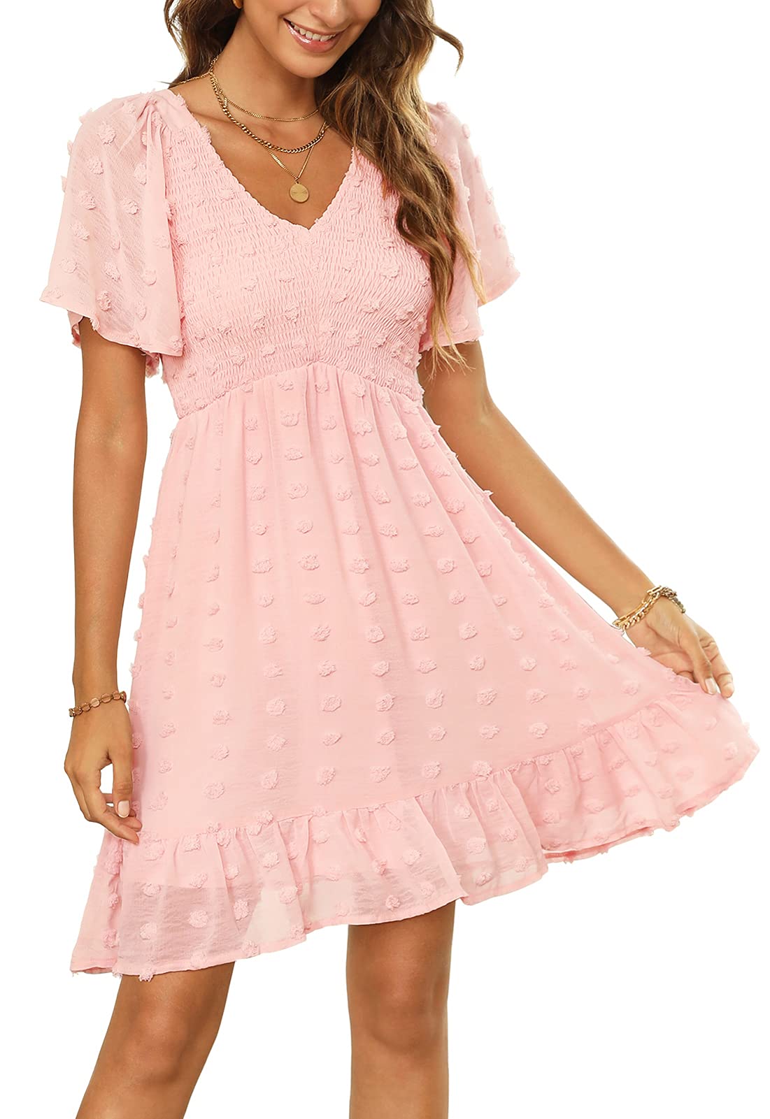 Annebouti Women's 2025 Spring Summer Mini Smocked Swiss Dot Dress - Short Sleeve Babydoll Casual Sundress for Beach, Picnic & Date Night
