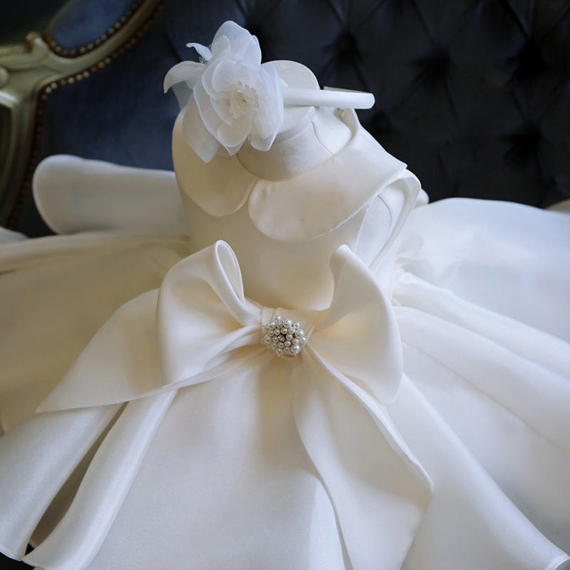 Elegant Princess Satin Flower Girl Dress with Cascading Ruffles & Beaded Details - Perfect for Weddings, Baptisms & Special Occasions
