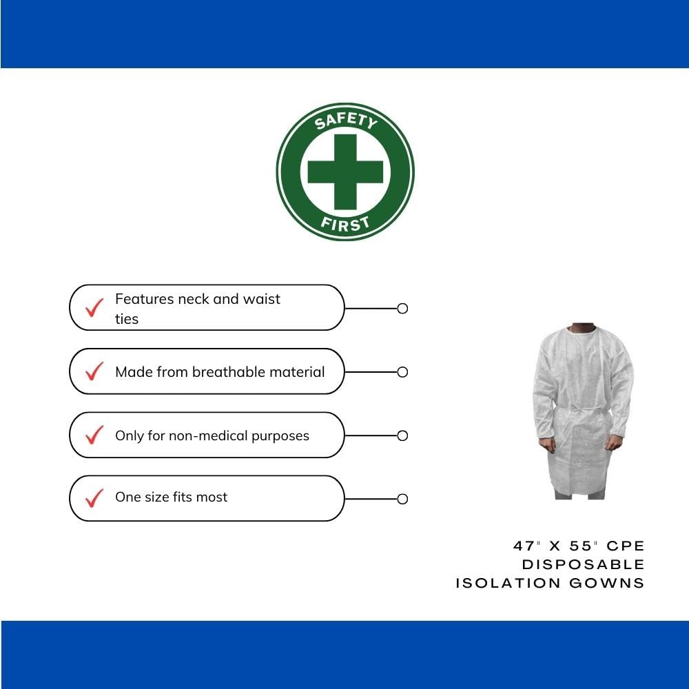 PSBM Disposable Isolation Gowns - 200 Pack White Protective Coveralls with Long Sleeves, Elastic Cuffs & Adjustable Ties | Breathable PPE for Medical, Dental, Lab & Food Service Use | One Size Fits All