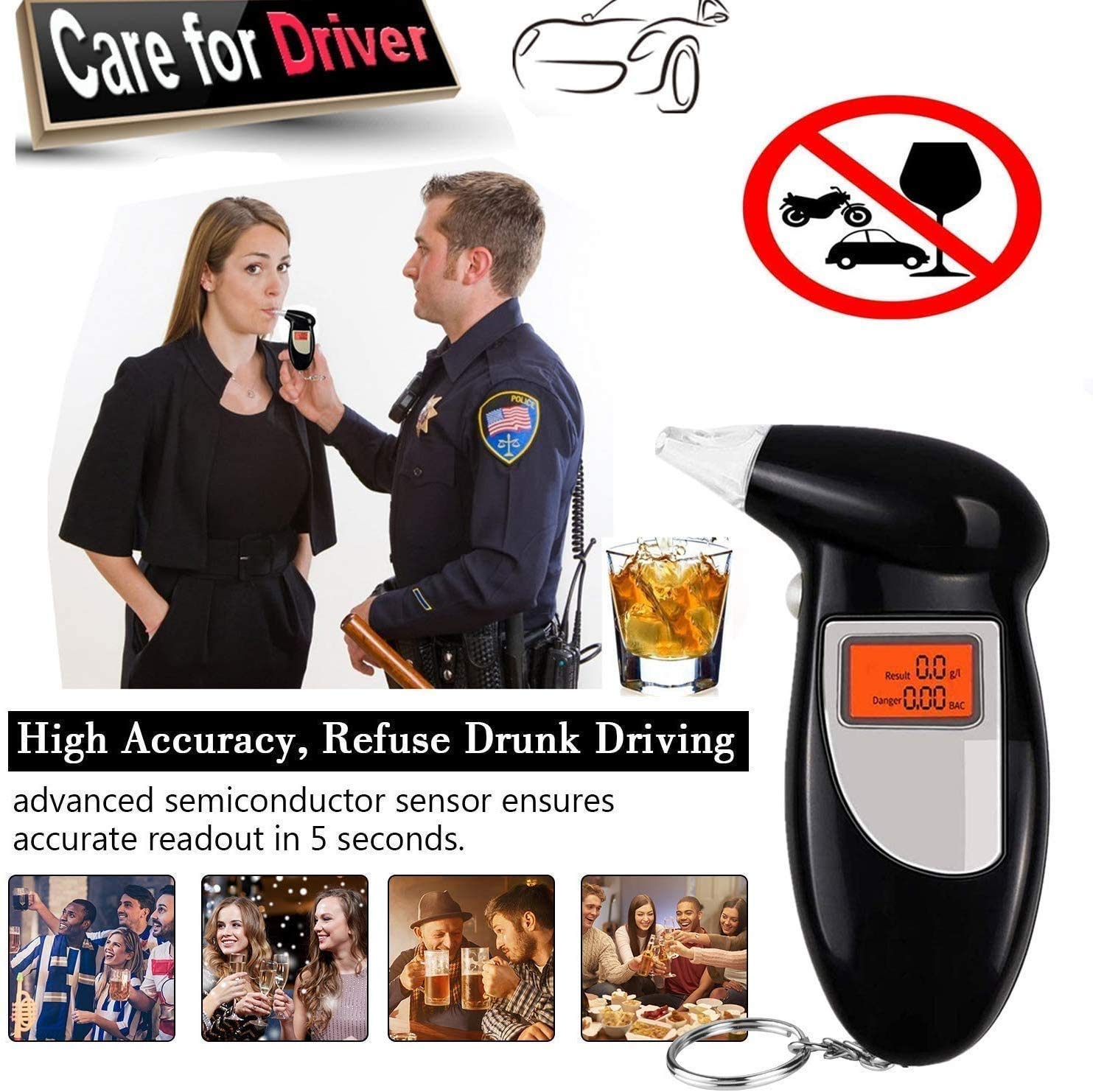 Professional Portable Breathalyzer with Semi-Conductor Sensor & Large LCD Display - Accurate Alcohol Tester for Personal & Workplace Safety | Perfect for Drivers, Bars, and Home Use