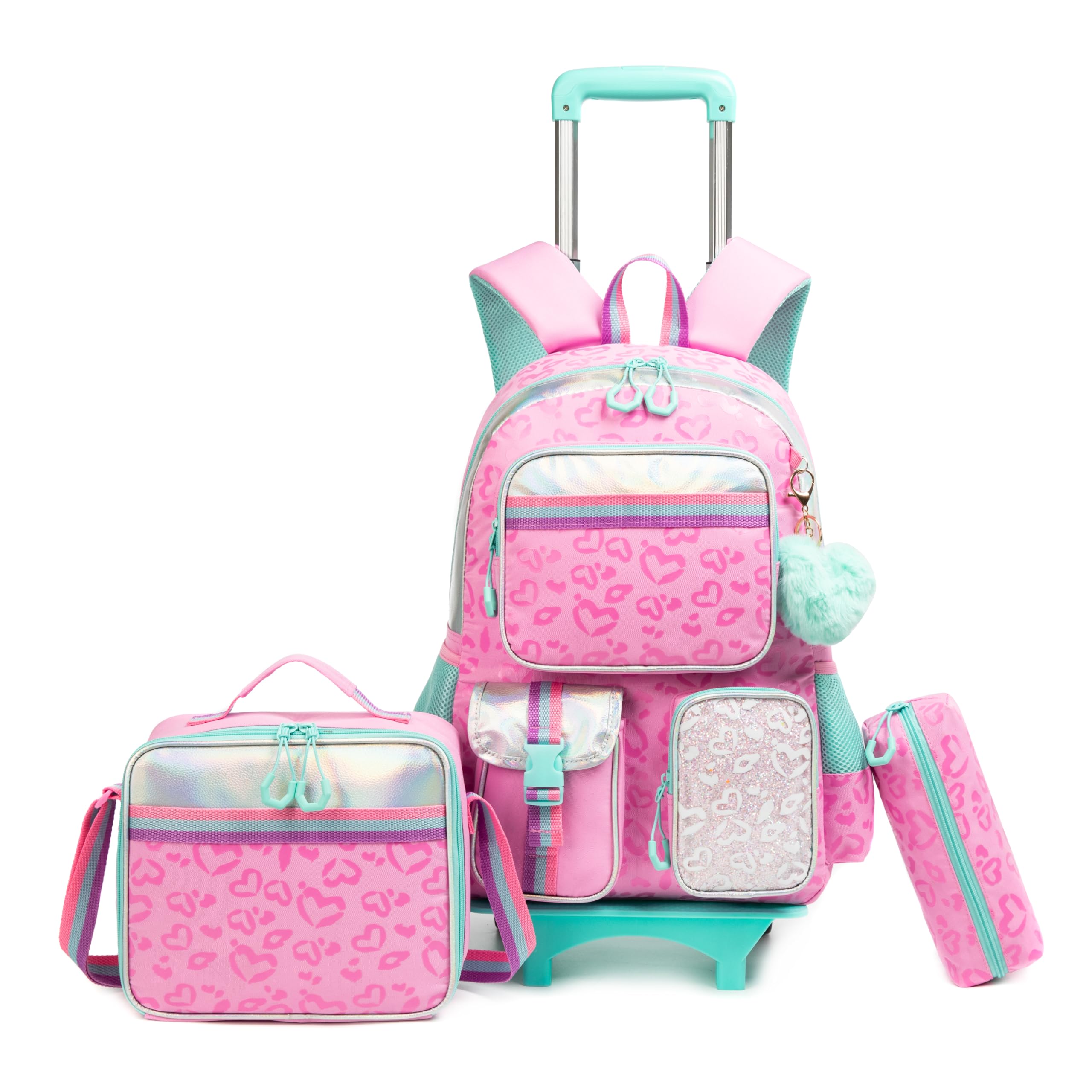 Rolling Backpacks for Kids with Wheels - School Backpack for Girls with Lunch Bag & Pencil Case - Toddler Daycare & Elementary Bookbag - Perfect for School, Travel, and Daily Use