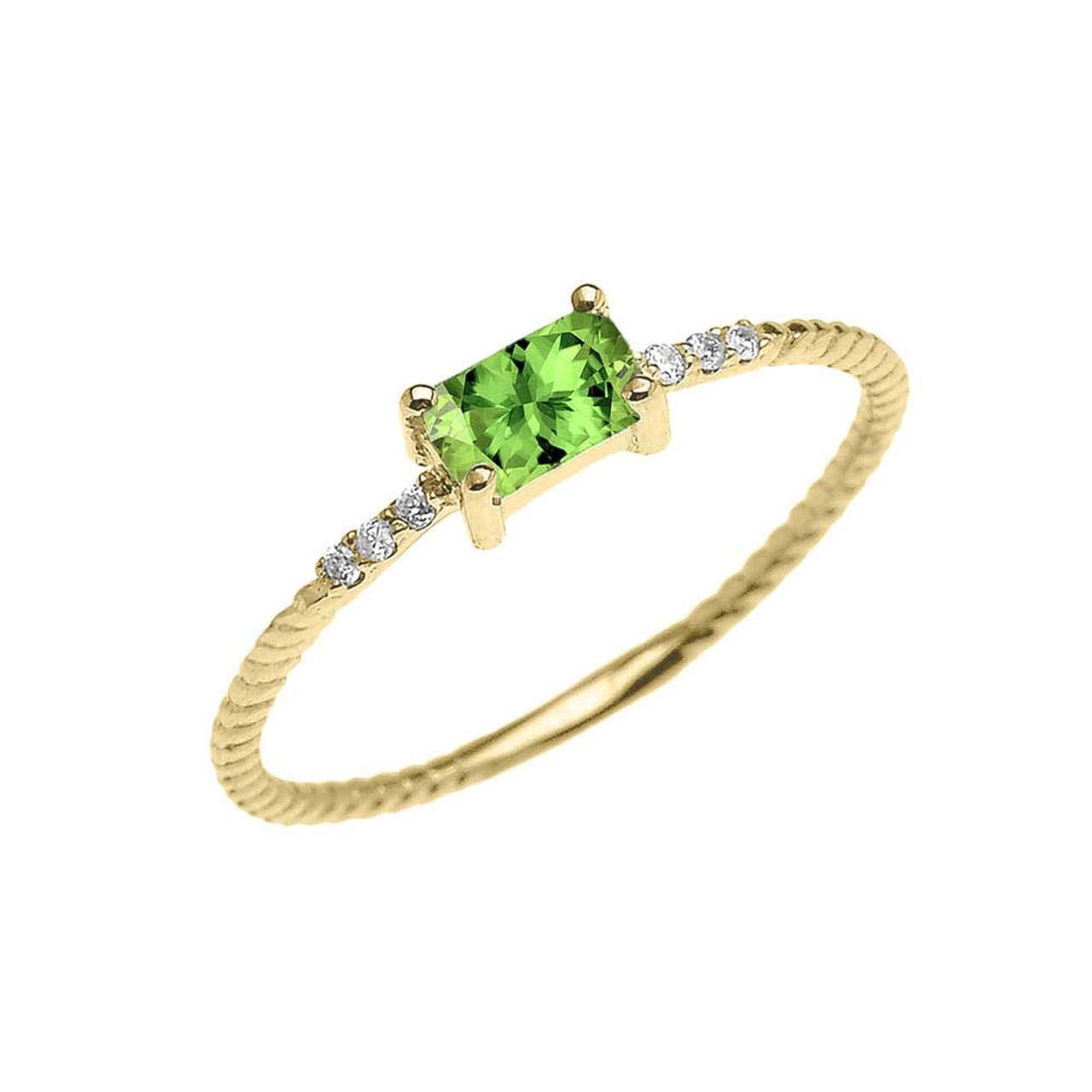 14K Gold Diamond Accented Emerald Cut Peridot Solitaire Engagement Ring with Fluted Rope Band - Perfect for Wedding, Proposal & Anniversary Gifts
