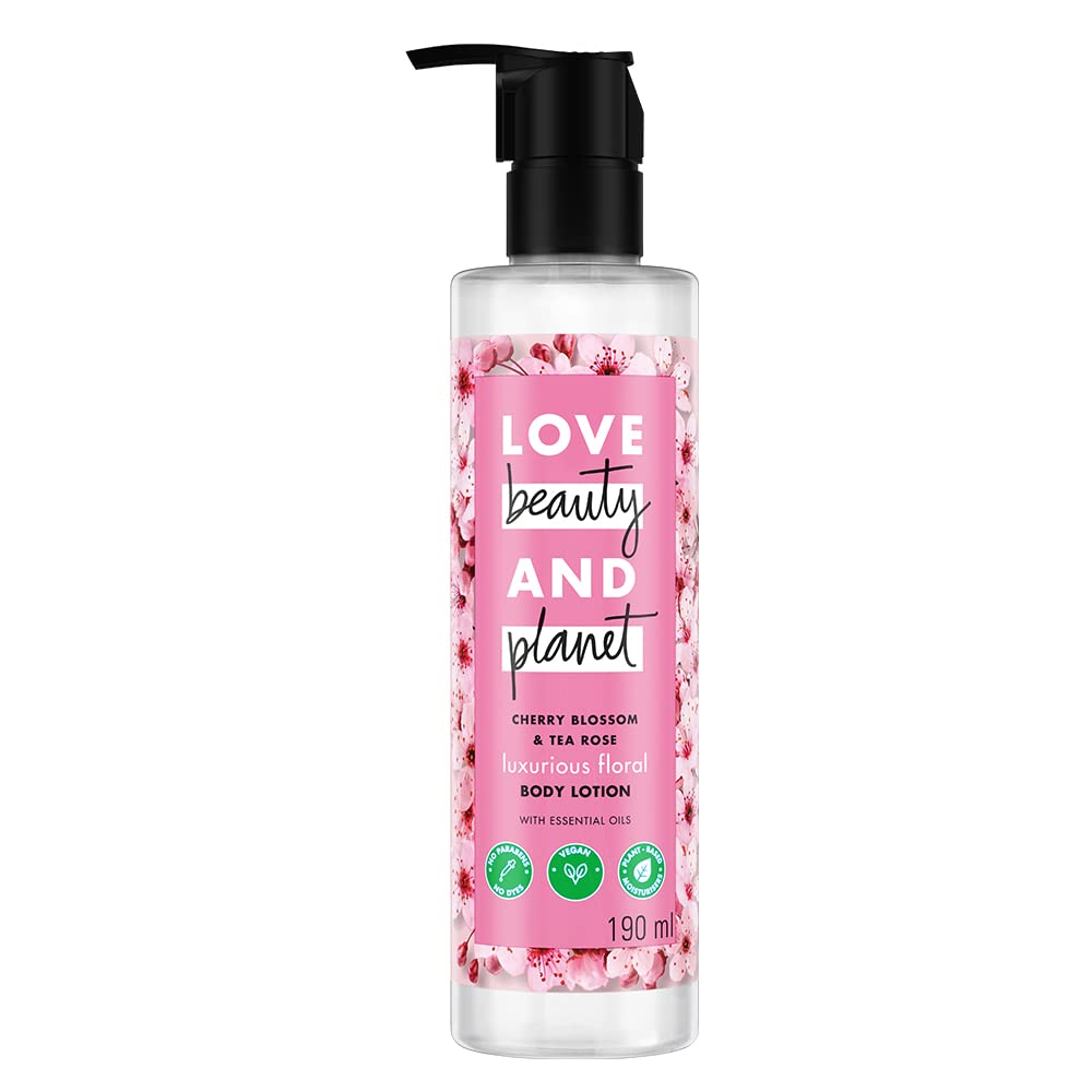 Love Beauty & Planet Cherry Blossom & Tea Rose Daily Moisturizing Lotion for All Skin Types | Paraben-Free, Vegan & Cruelty-Free Body Lotion | 6.7 fl oz (190ml) | Hydrating & Nourishing for Dry Skin | Perfect for Daily Use, After Shower & Nighttime Skincare Routine