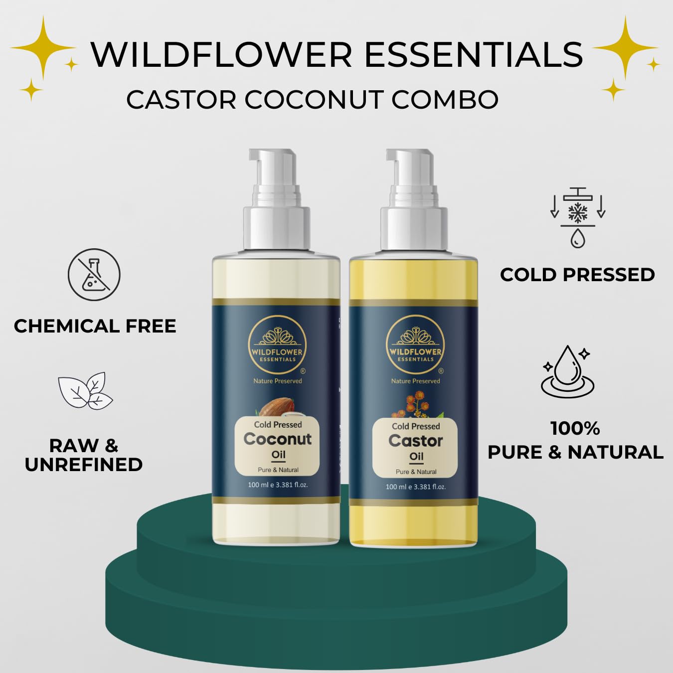 Organic Cold Pressed Coconut Oil & Castor Oil Combo for Hair Growth, Eyebrow & Beard Care, Skin Moisturizer - 100% Pure Natural Hair & Body Treatment (100ml + 100ml) - Perfect for DIY Beauty, Massage & Natural Hair Regimen