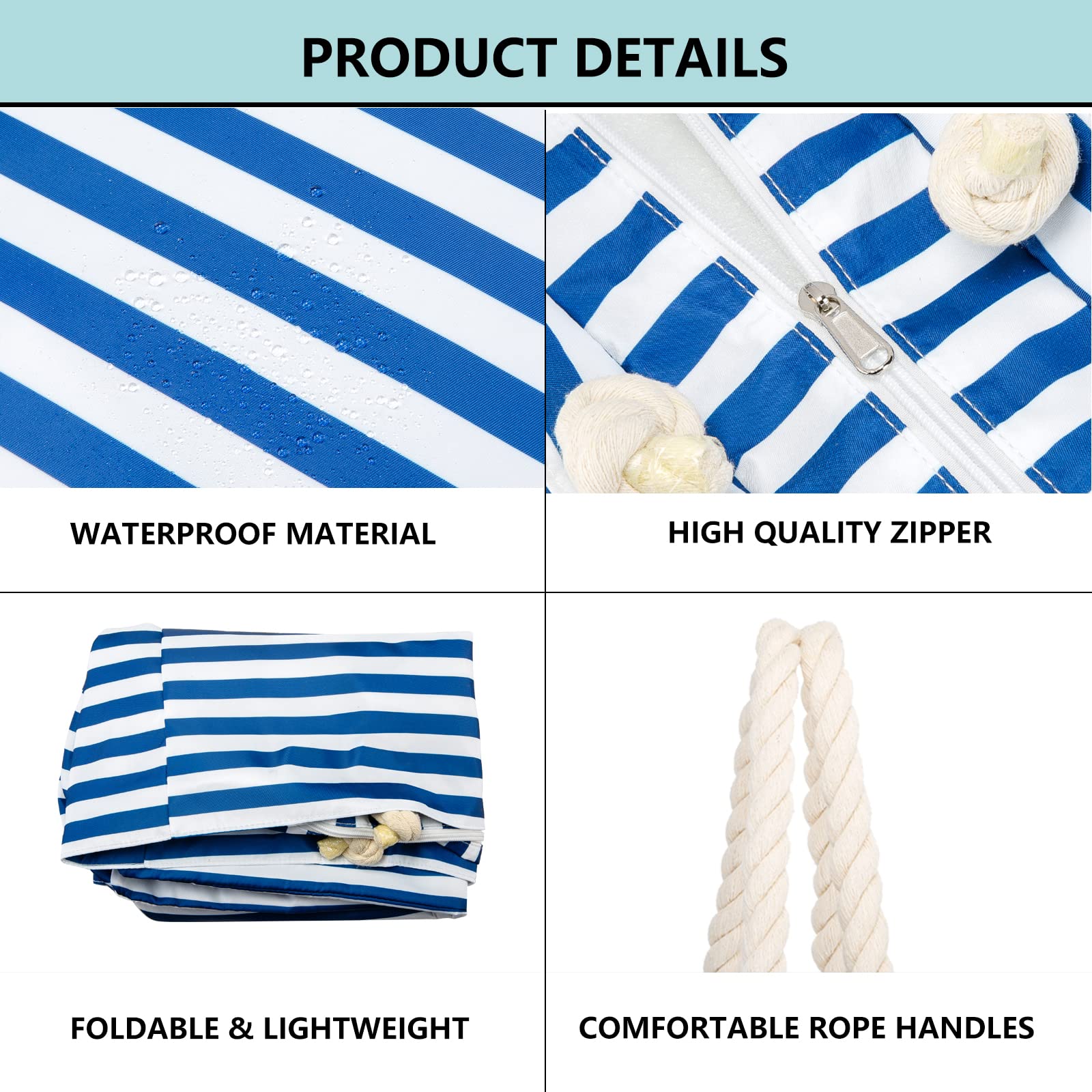 Waterproof & Sandproof Large Beach Tote Bag for Women with Zipper & Multiple Pockets - KUAK Durable Pool & Family Beach Essentials for Vacation, Swimming & Outdoor Activities