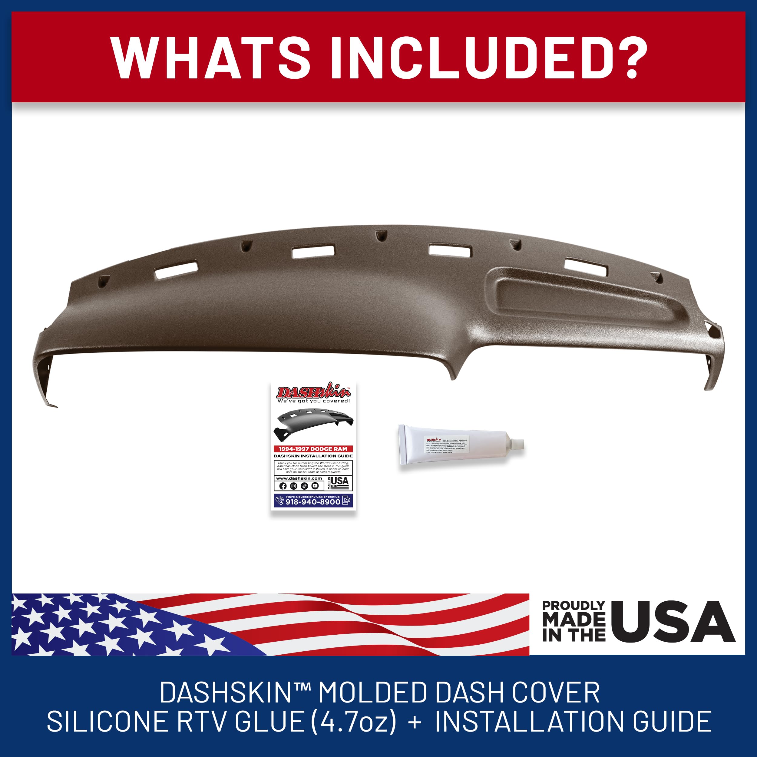 Premium DashSkin Molded Dash Cover for 94-97 Dodge Ram 1500/2500/3500 - Saddle Dark Brown | UV Protection & Anti-Crack | Made in USA | Perfect for Interior Protection & Heat Resistance