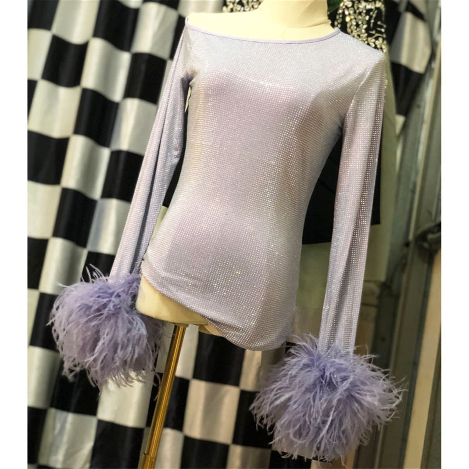 CE-11 Women's Shiny Sheer Mesh Top with Real Ostrich Feather Cuffs & Rhinestone Crystal Details - Long Sleeve Asymmetrical Sexy Shirt Dress (XXL, Purple) | Perfect for Nightclub Outfits, Party Wear, and Special Occasions