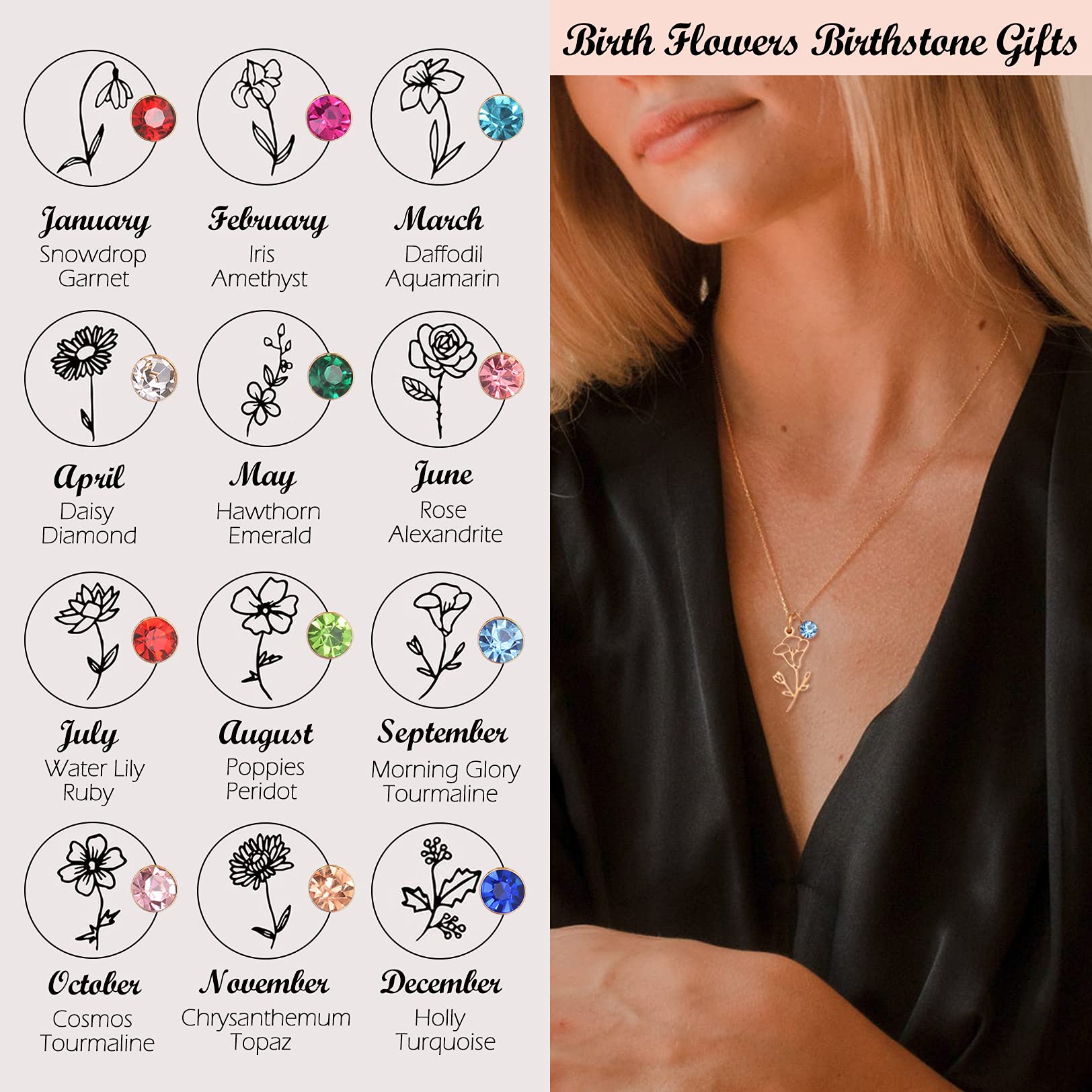 Birth Flower Necklace for Women - 14K Gold Plated Birth Month Floral Pendant with Birthstone | Personalized Birthday Gift for Mom, Wife & Friends | Perfect for Anniversaries, Mother's Day & Special Occasions