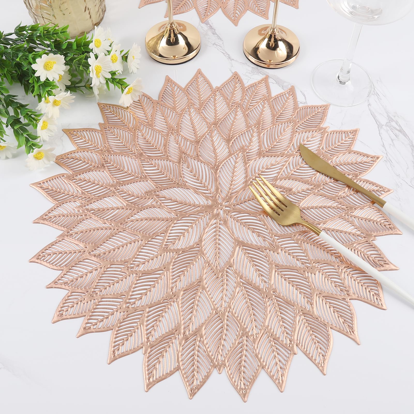 6-Piece Round Floral Vinyl Placemats Set - Hollow Out Flower Design for Dining Table Decor, Holiday Party, Wedding Centerpiece (Rose Gold) | Elegant Table Setting for Dinner Parties & Special Occasions