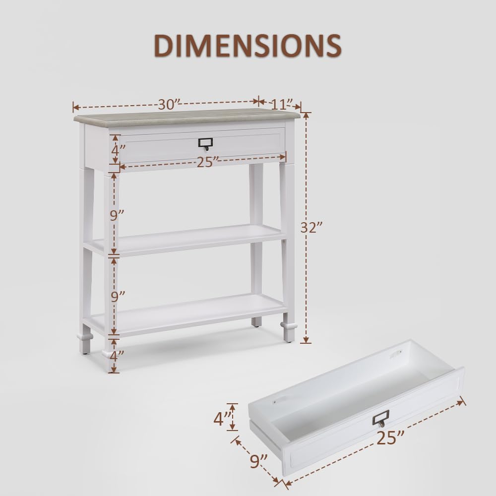 30 Inch Narrow Console Table with Drawer & Bottom Shelf - Entryway, Living Room, Hallway Furniture - Perfect for Small Spaces & Home Decor (White)