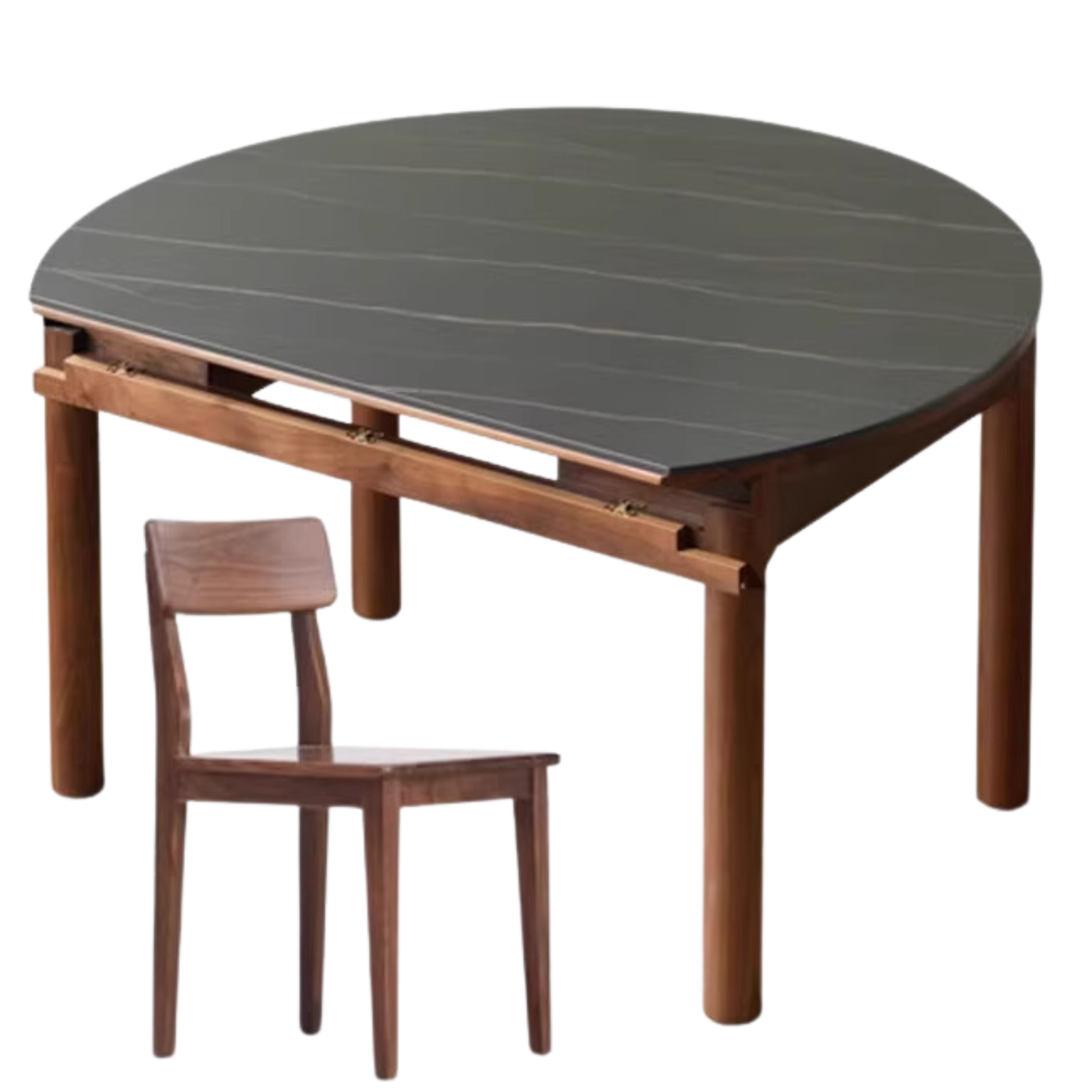 51.2x51.2x29.9 inch / 130x130x76 сm/ Rich Dark Walnut color / Black walnut Dining table Sharolan slate+ 6 chairs