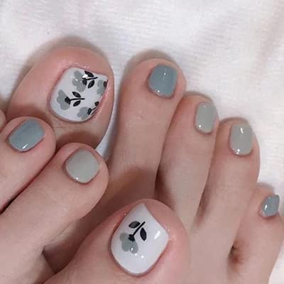24pcs Square Acrylic Fake Toenails - Glossy Press-On Artificial Toe Nails with Floral Design for Women & Girls | Full Cover False Nails for Pedicure, Parties & Special Occasions