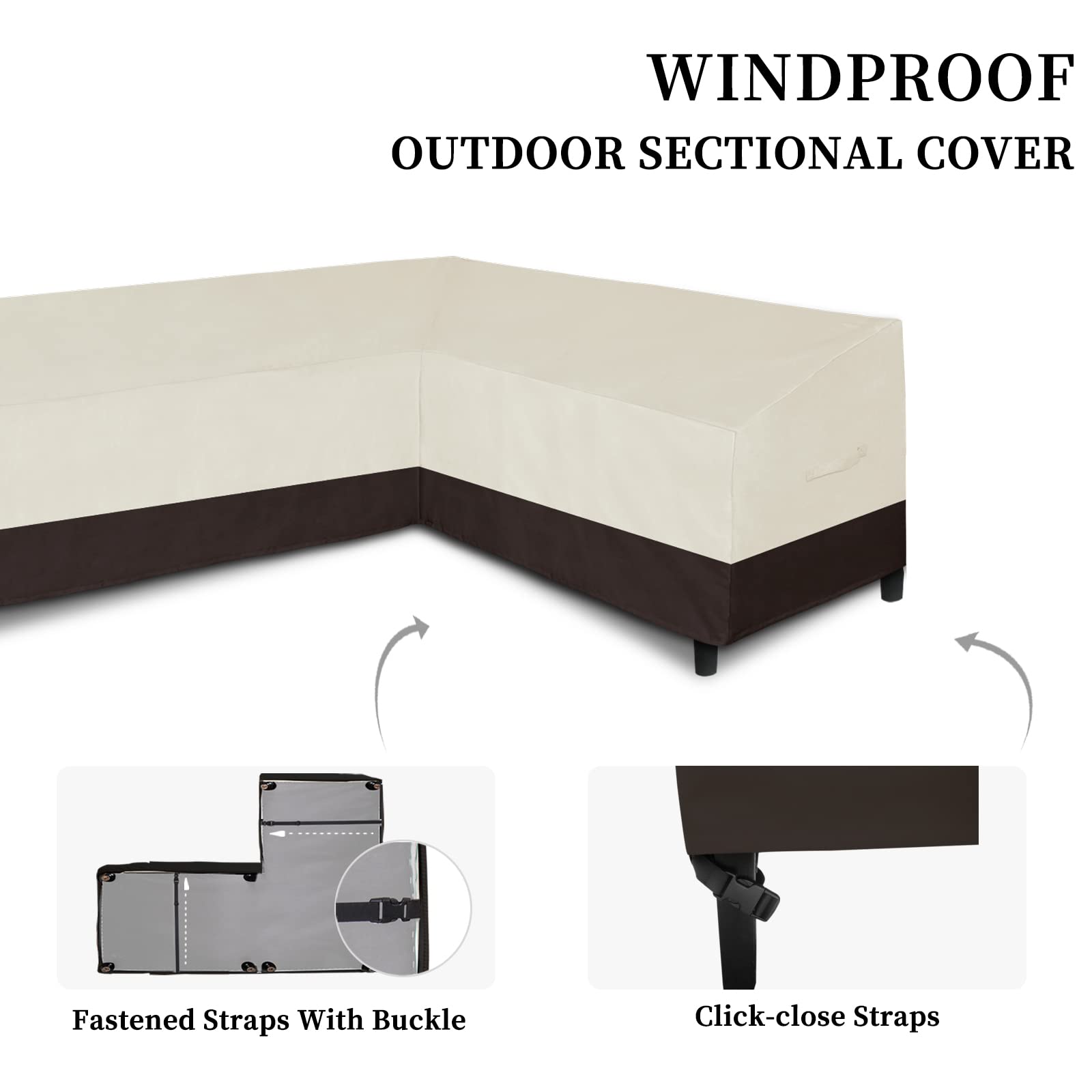 Waterproof L-Shaped Patio Sectional Sofa Cover - Heavy Duty Outdoor Furniture Protector with Air Vents (Left Facing, Beige/Dark Brown) - Perfect for Garden, Deck & Backyard Use