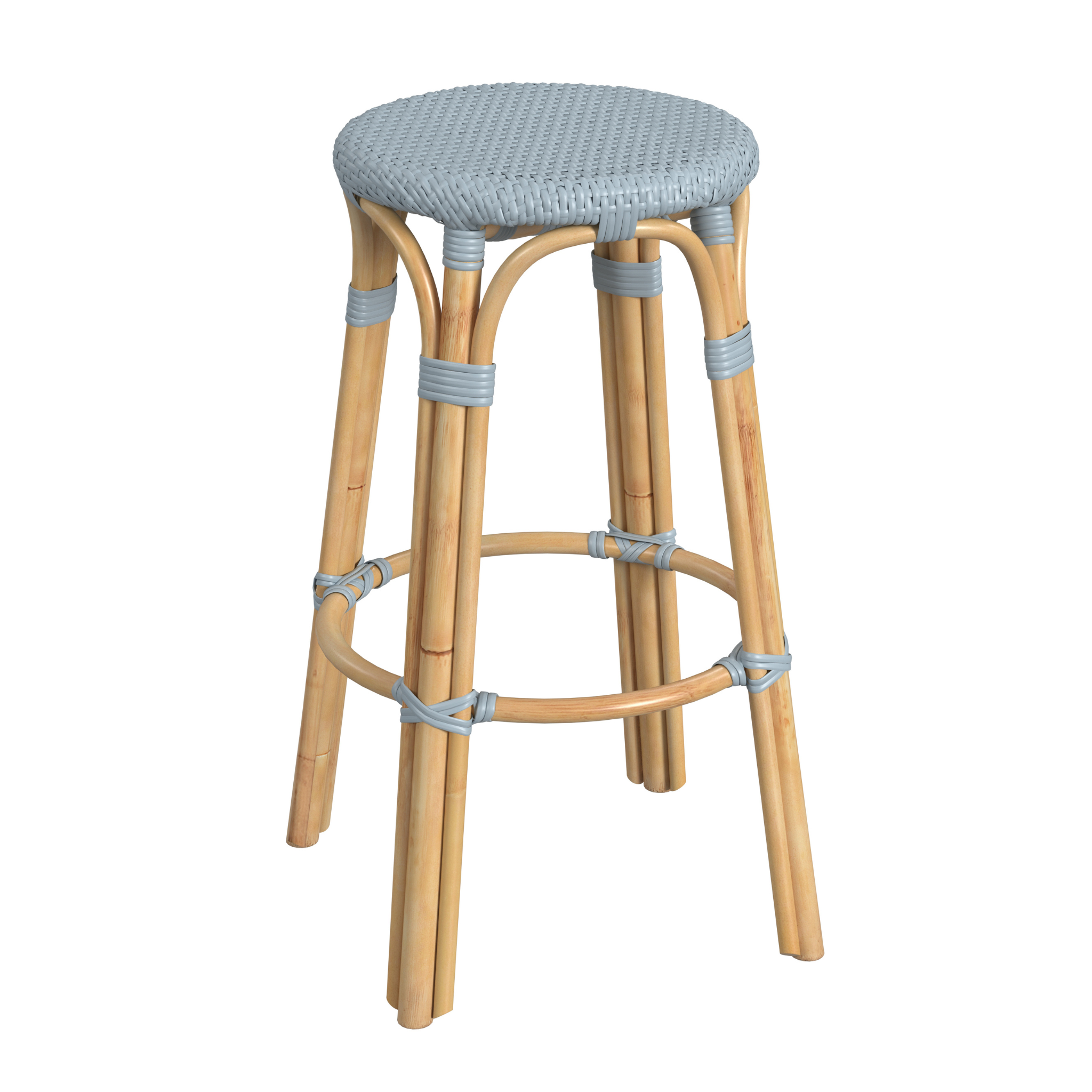 Stylish Baby Blue Rattan Bar Stool with Woven Seat - Perfect for Kitchen Islands, Breakfast Nooks & Outdoor Dining Areas
