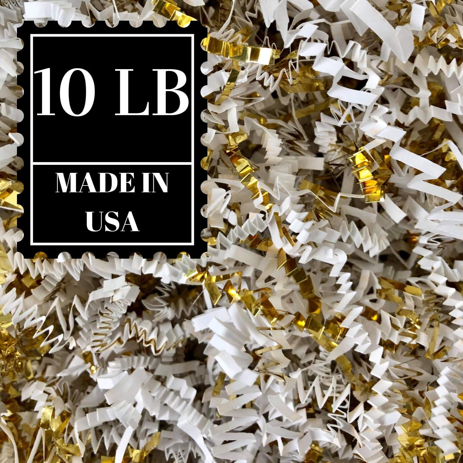 Premium Mrs Fizz Crinkle Cut Paper Shred - 10 LB Bulk Packing Filler for Gift Baskets, Boxes & Party Decor (White & Gold) - Perfect for Weddings, Birthdays & Holiday Gift Wrapping