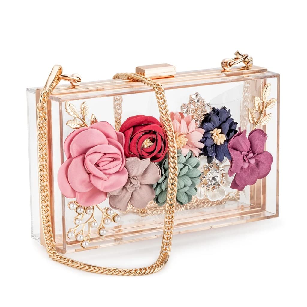 Elegant Women's Floral Clutch Crossbody Purse with Chain Strap - Golden Frame Evening Bag for Wedding, Prom, Banquet & Special Occasions (One Size, Color A) | Perfect Gift for Bridesmaids & Formal Events