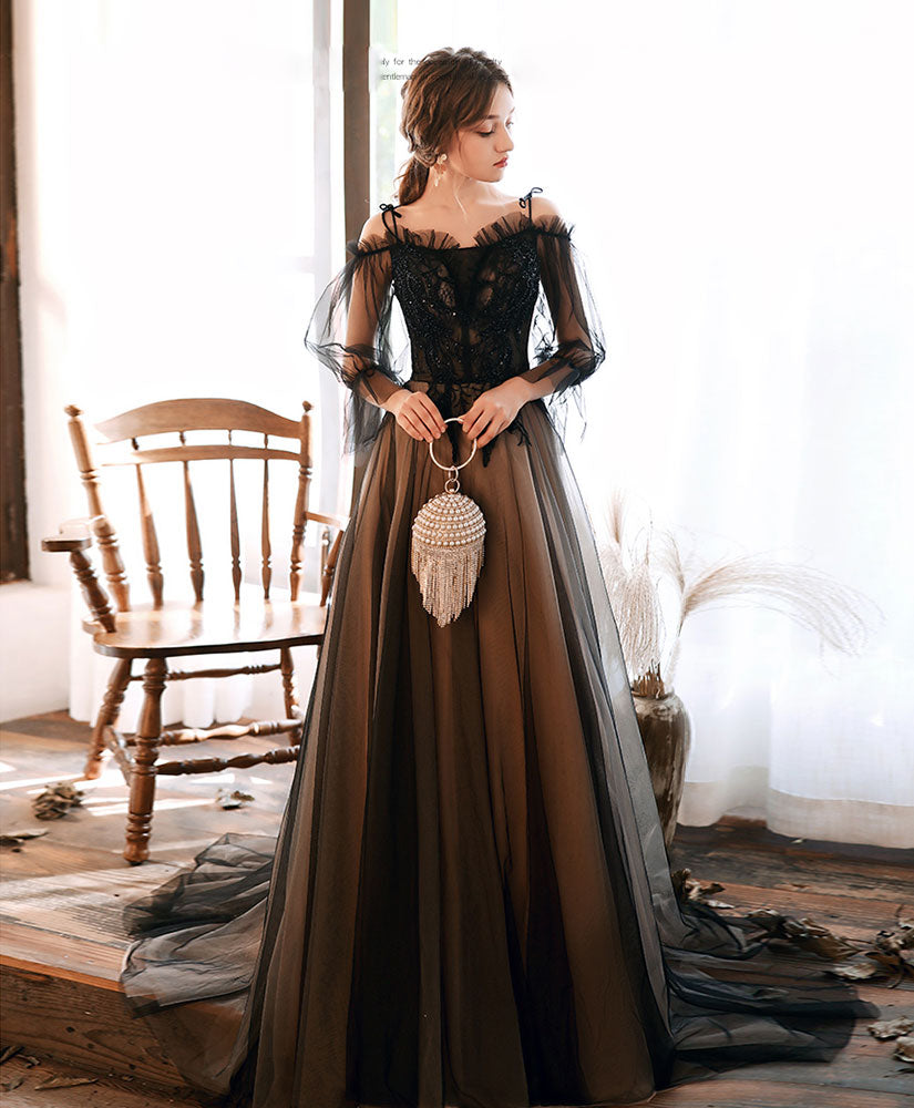 Elegant Black Tulle Lace Long Prom Dress with Sheer Sleeves - Formal Evening Gown for Homecoming, Wedding, and Special Occasions