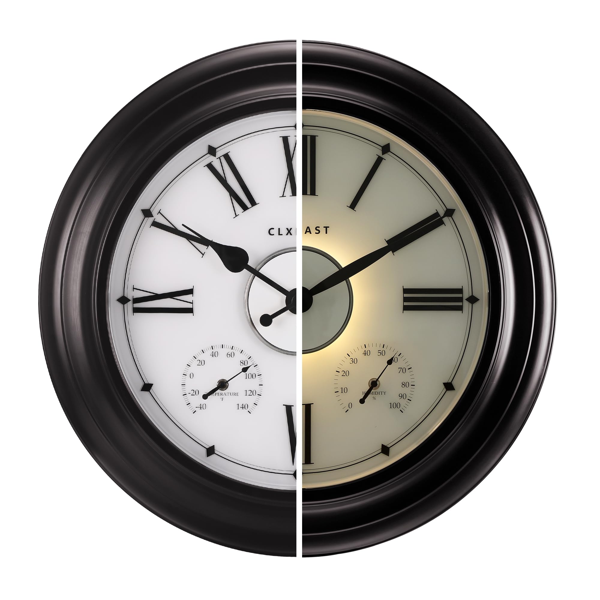 CLXEAST 24 Inch Large Outdoor Wall Clock with Thermometer & Hygrometer - Waterproof Metal Clock for Indoor/Outdoor Use - Oil Rubbed Bronze Black Finish - Perfect for Home, Garden, Office & Easter Decorations Gifts