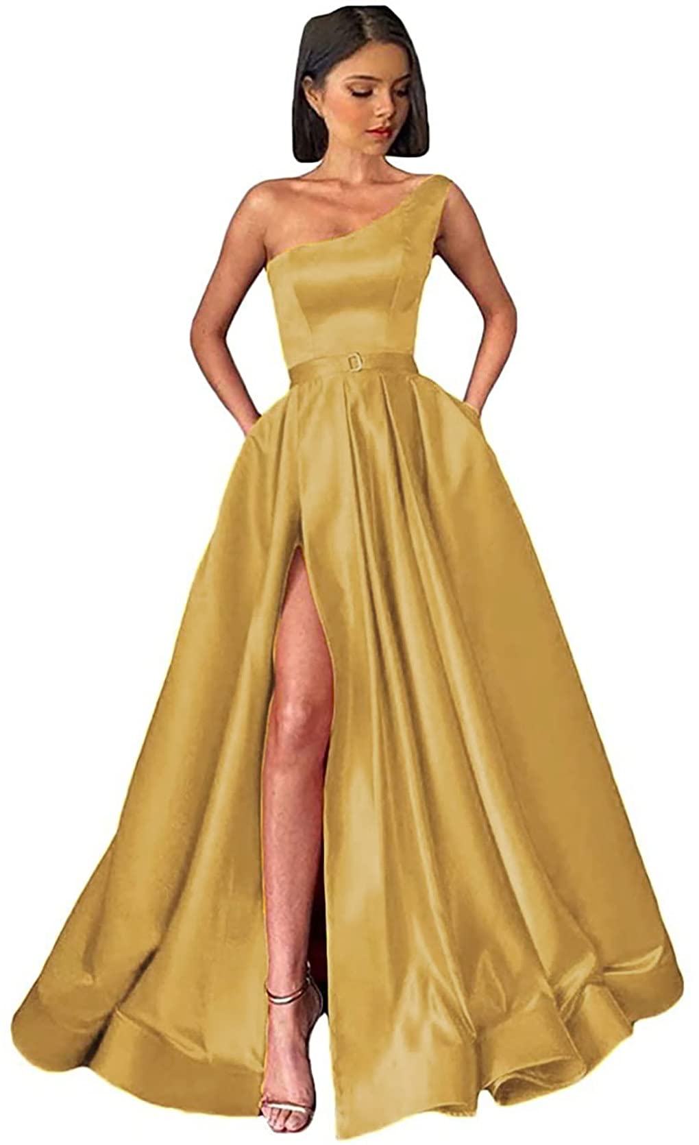 ANGELWARDROBE Women's Long One Shoulder Prom Dress - A-Line Satin Formal Evening Gown with Slit Pockets for Homecoming, Wedding, Cocktail Party & Special Occasions