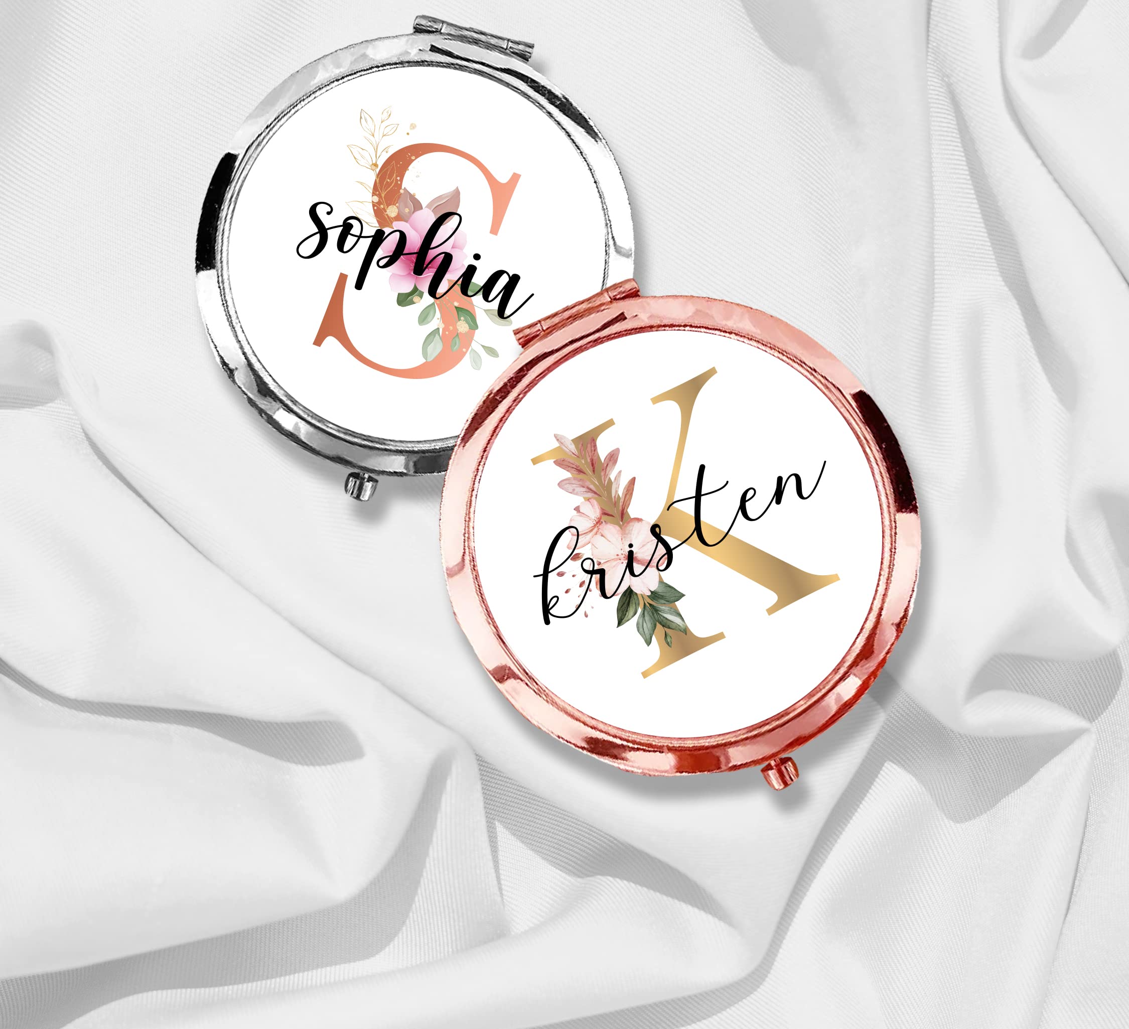 Personalized Floral Compact Mirror - Bridesmaid Gift for Travel & Weddings
