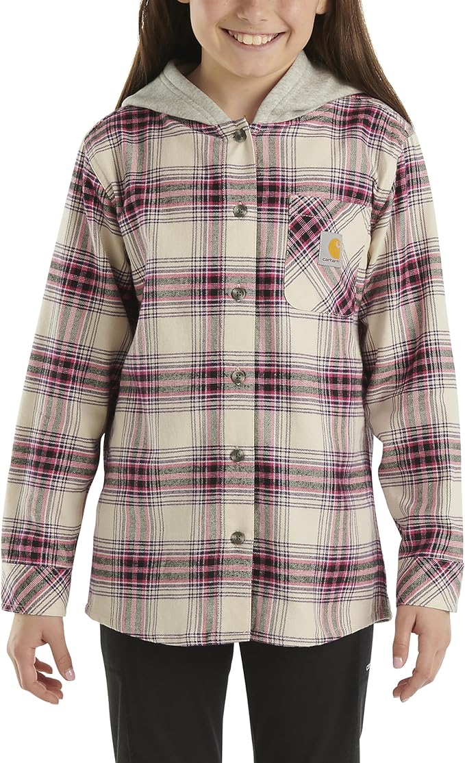 Carhartt Kids Long Sleeve Flannel Hooded Shirt - Soft Button-Up Plaid Top for Boys & Girls, Pink & White Checkered Pattern - Perfect for School, Outdoor Play & Family Activities