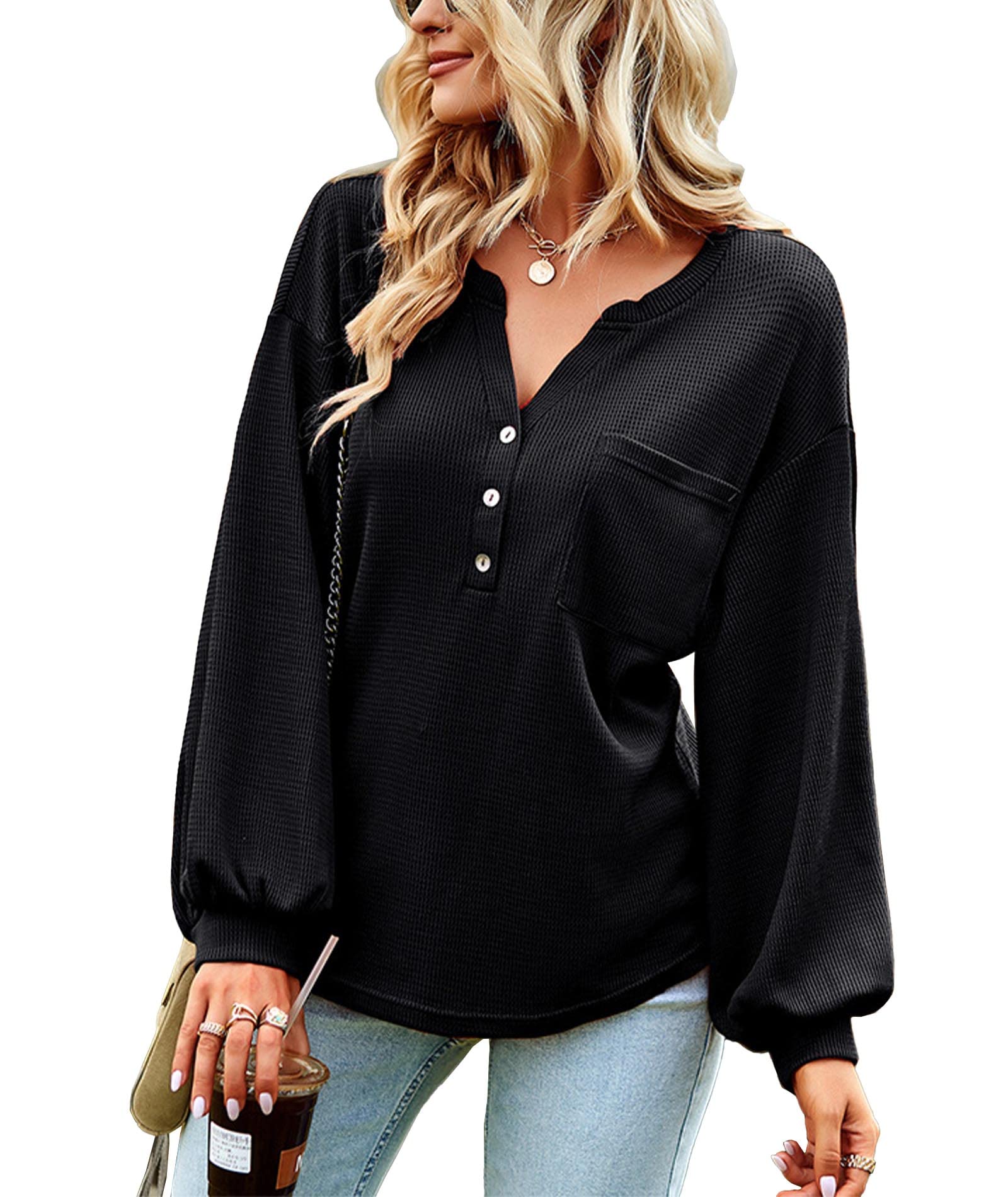 SOMTHRON Women's V-Neck Loose Knit Long Sleeve Button Down Henley Pullover Tunic Top - Casual Waffle Shirt for Everyday Wear, Office & Weekend Outfits