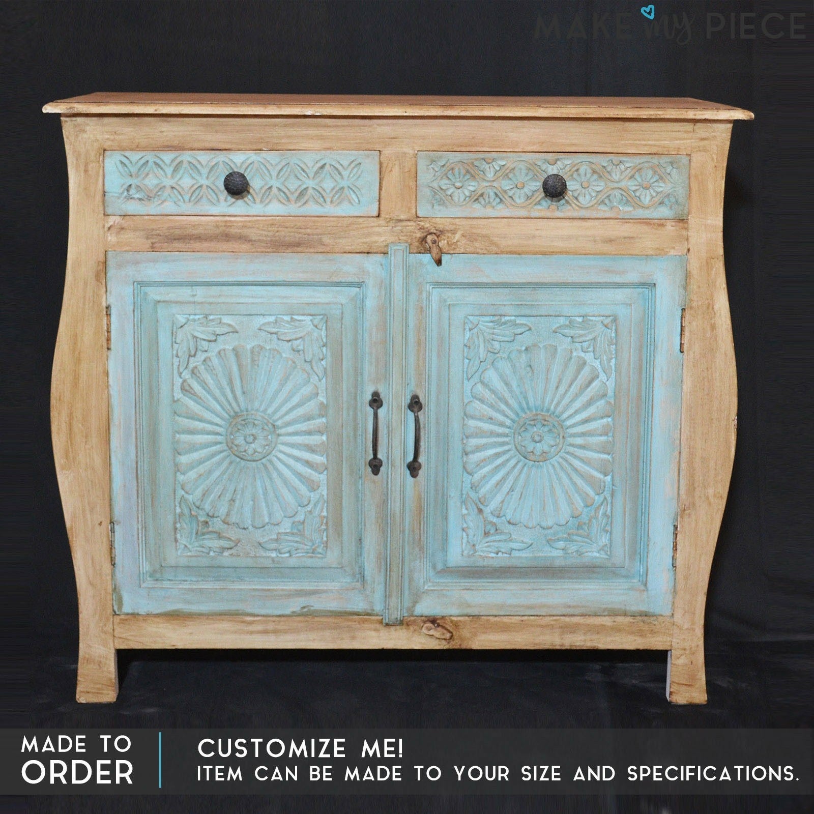 Hand Carved French Colonial Solid Blue Sideboard Hutch - 1M Length - Perfect for Dining Room Storage & Vintage Home Decor