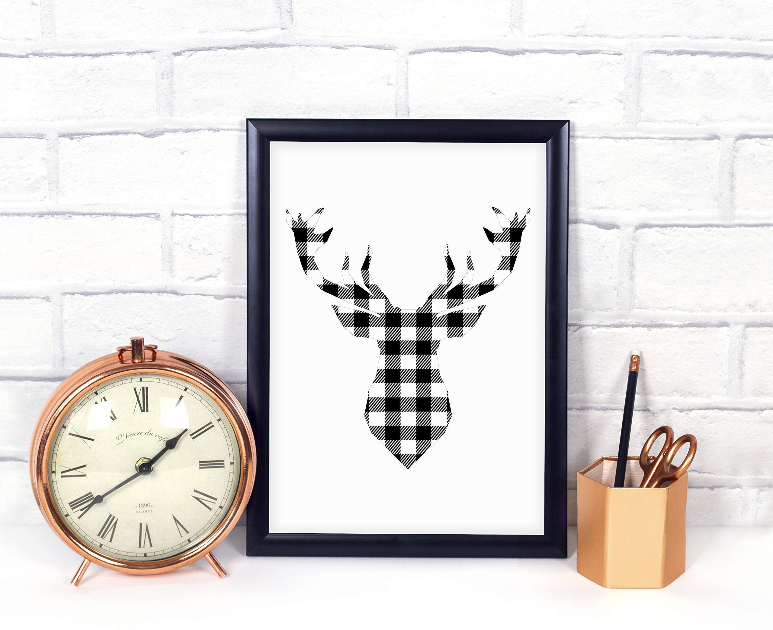 Deer Wall Art - 11x14 UNFRAMED Print - Black & White Minimalist Modern Rustic Abstract Home Decor - Plaid Lumberjack Style - Perfect for Living Room, Bedroom, Office & Cabin Decor