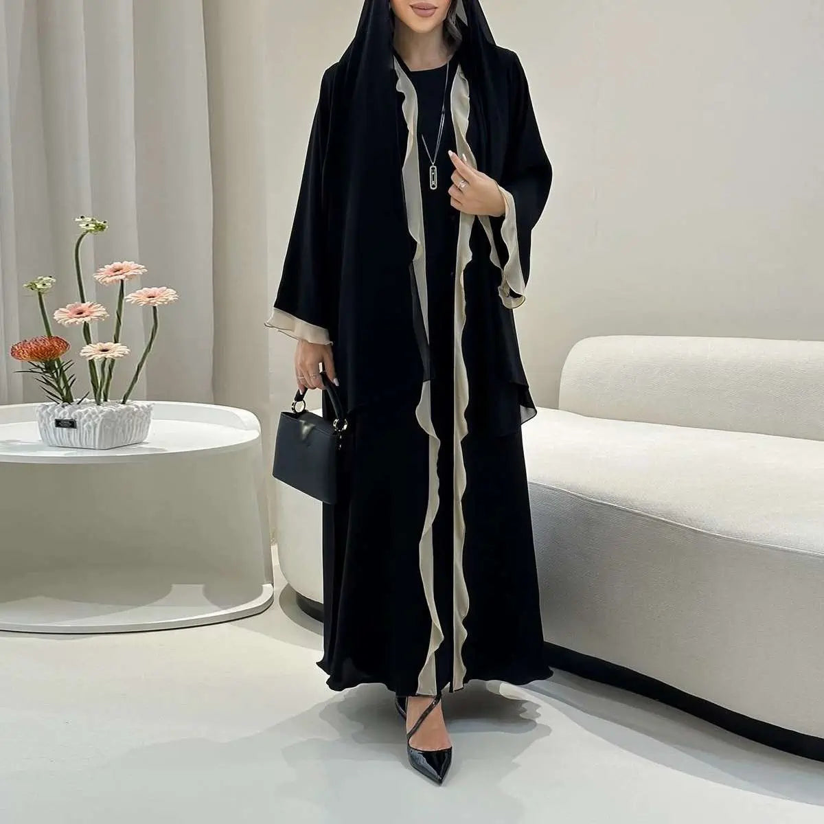 Urgarment Flounced Open Abaya Dress - Elegant Black Cardigan for Women | Perfect for Modest Fashion, Prayer, and Special Occasions